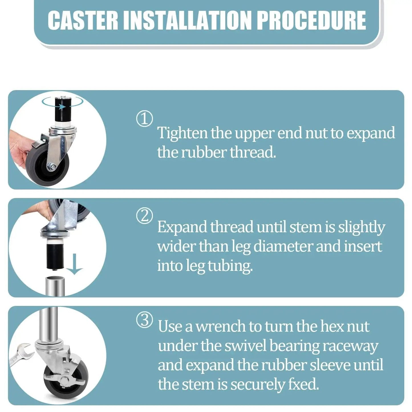 Installation guide for Four Inch Prep Table Casters Set Of Four Heavy Duty Expanding Stem Wheel Casters with brakes.