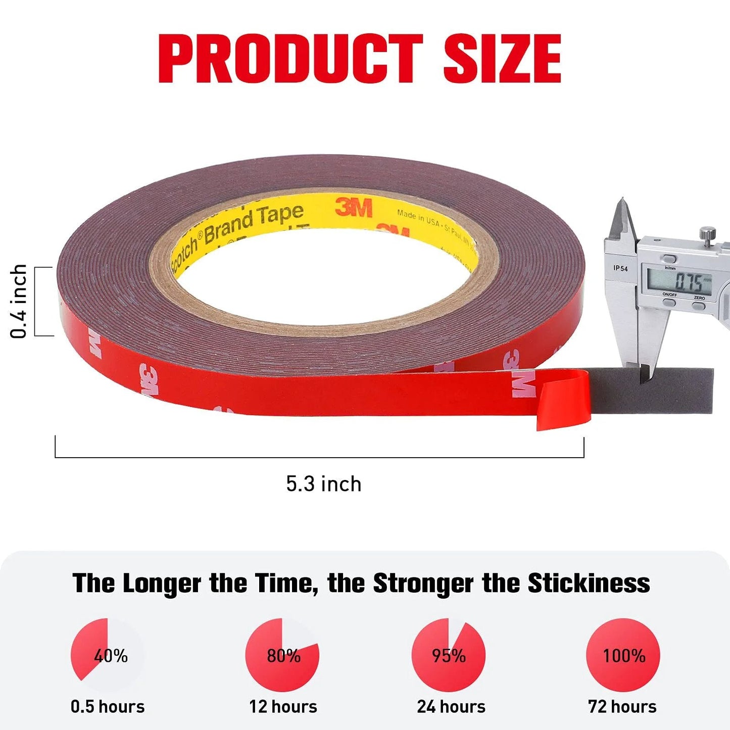 Heavy Duty Waterproof Double Sided Foam Tape 33ft Long 0.4 Inch Wide Strong Adhesive Mounting Tape For LED Strips Automotive Home Office Outdoor Decor 3M VHB Technology product size illustration with caliper showing thickness.