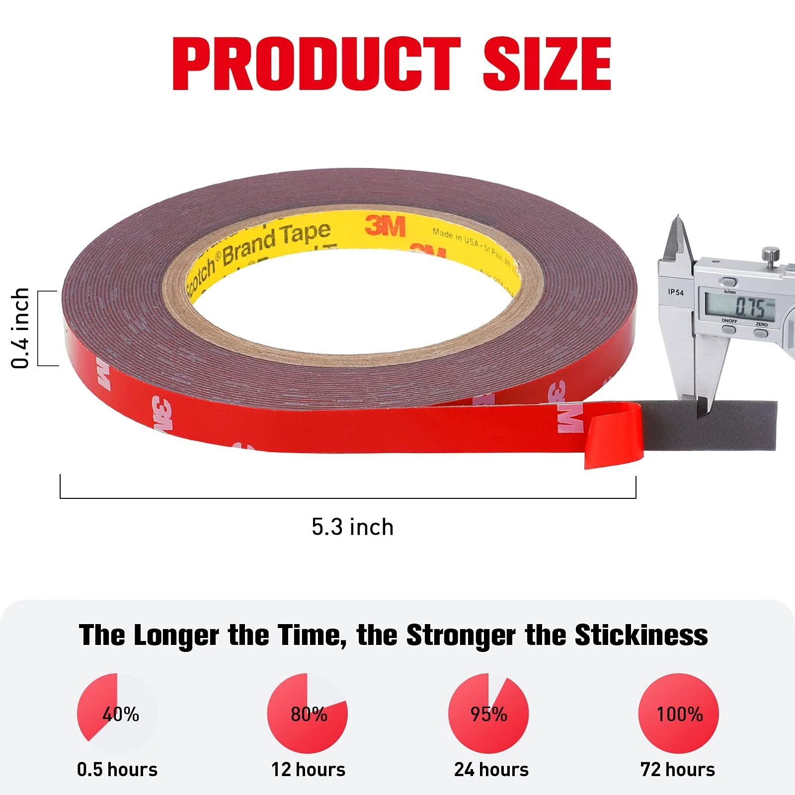 Heavy Duty Waterproof Double Sided Foam Tape 33ft Long 0.4 Inch Wide Strong Adhesive Mounting Tape For LED Strips Automotive Home Office Outdoor Decor 3M VHB Technology product size illustration with caliper showing thickness.