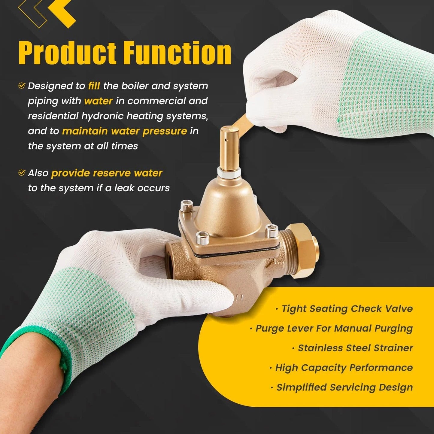 Half Inch High Capacity Water Pressure Regulator For Watts 1156F Series Replacement Compatible With S1156F Boiler Water Regulator 10 To 25 PSI 0.7 To 1.7 Bar Union Joint Half Inch Inlet Outlet held by gloved hands