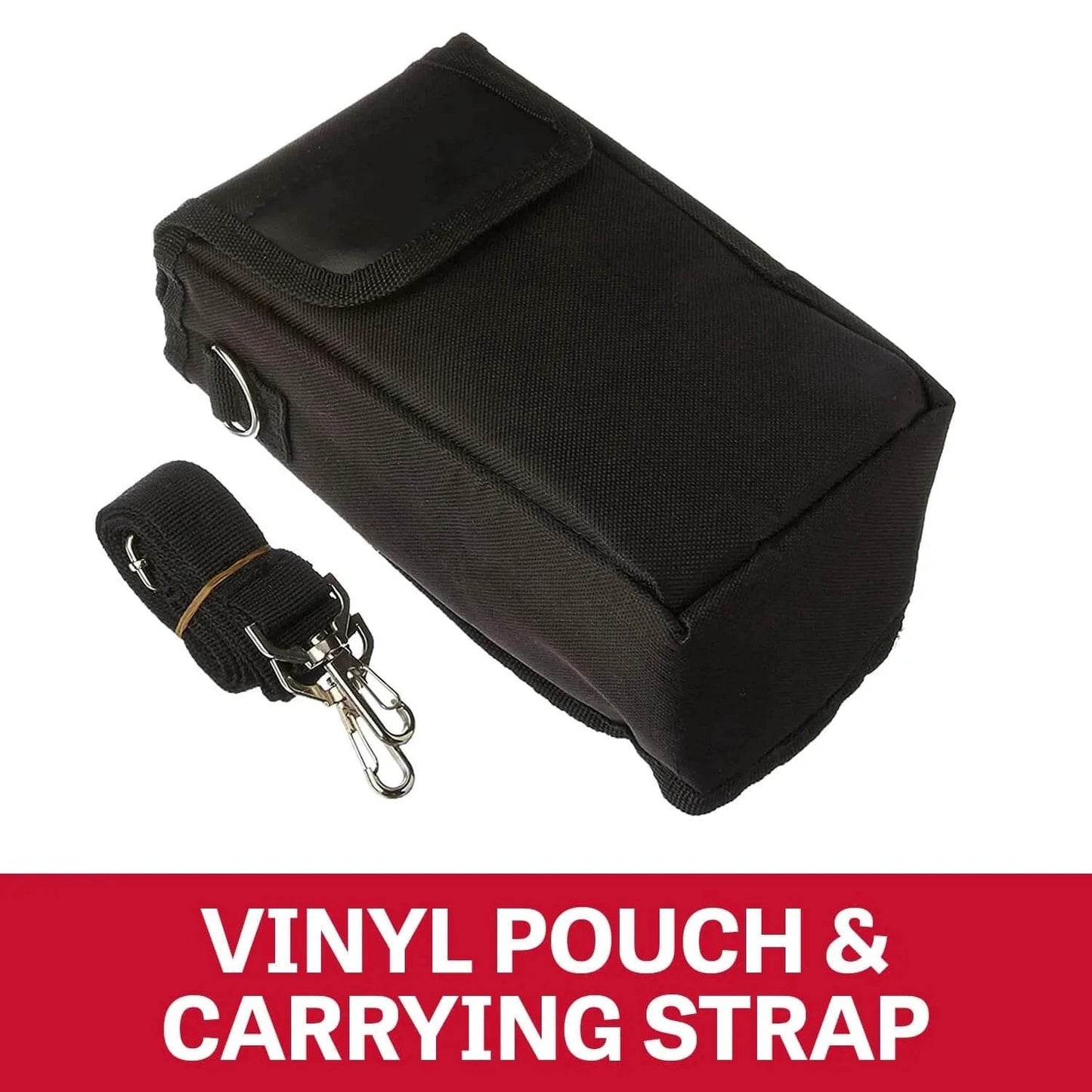Black vinyl pouch and carrying strap for Compact Lever Hoist One Quarter Ton With Ten Foot Lift, showing metal clips and sturdy fabric.