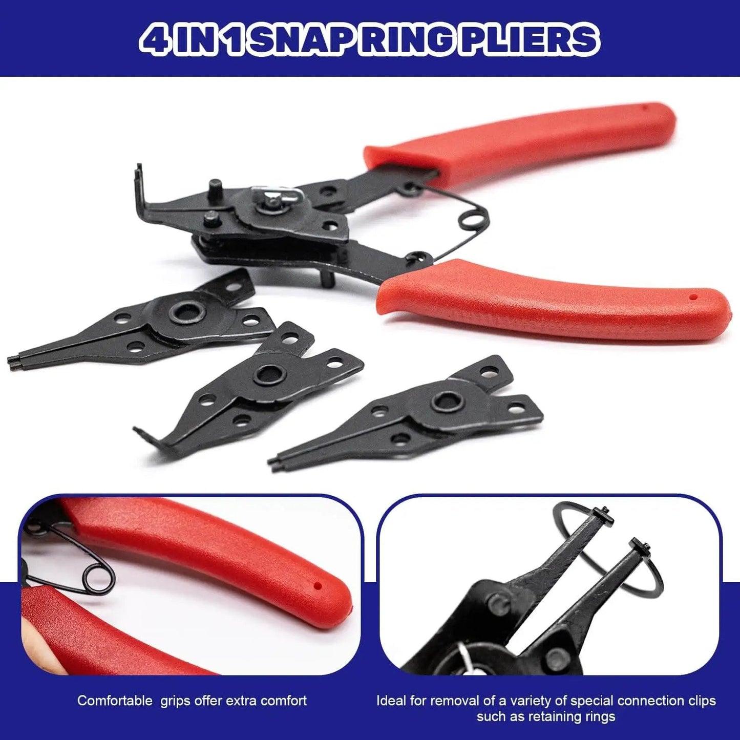 Must Have Ultimate C Clip External Retaining Ring Set With 4 In 1 Snap Ring Pliers And Precision Hooks For Grooved Shafts Pins And Studs, 395 Pieces In 17 Sizes Alloy Steel Case Included Waltool shown with red-handled pliers and interchangeable heads