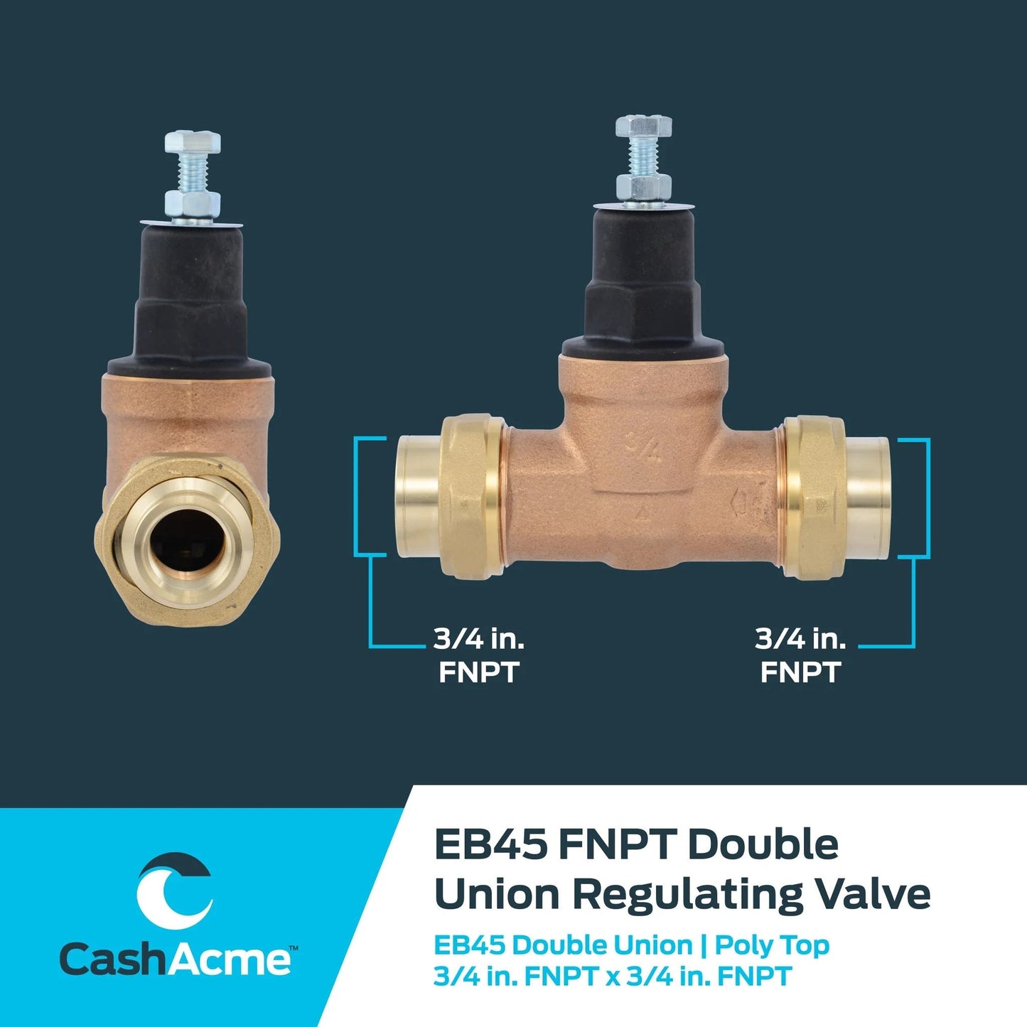 Direct Pressure Regulating Valve For Home Plumbing Three Quarters Inch NPT Female Double Union Beefy Brass Body 60 PSI Adjustable PRV With Poly Top EB45 PVA16PDUTH60 By Cash Acme