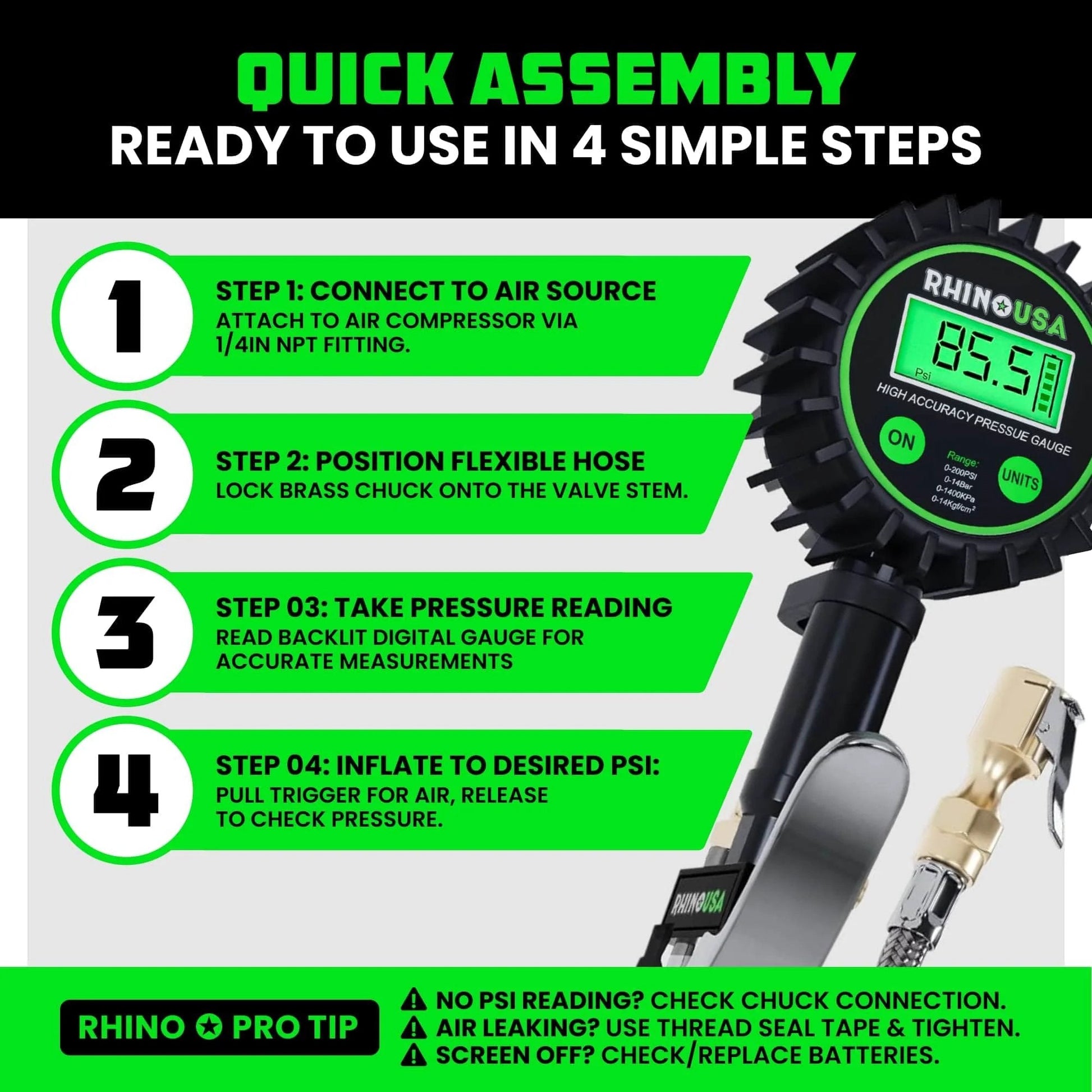 All In One 3 In One Tire Pressure Tool With Inflator Gauge Bleed Valve And Hose 0 To 200 PSI For Trucks And RVs With Stainless Braided Hose Large 2 Inch Dial And Solid Brass Hardware Rhino USA steps
