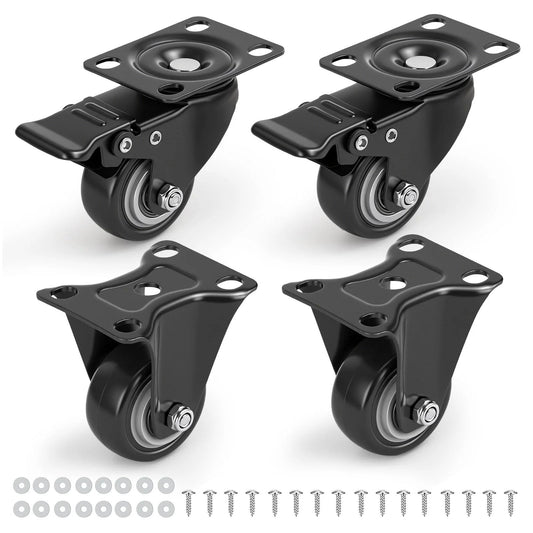2 Inch Heavy Duty PU Caster Wheels Set of 4 With 2 Swivel Casters With Brakes and 2 Fixed Non-Marking Plate Casters for Furniture, Workbenches, Carts, and Garage Equipment Ideal For Heavy Loads, Smooth Maneuverability, Floor Protection