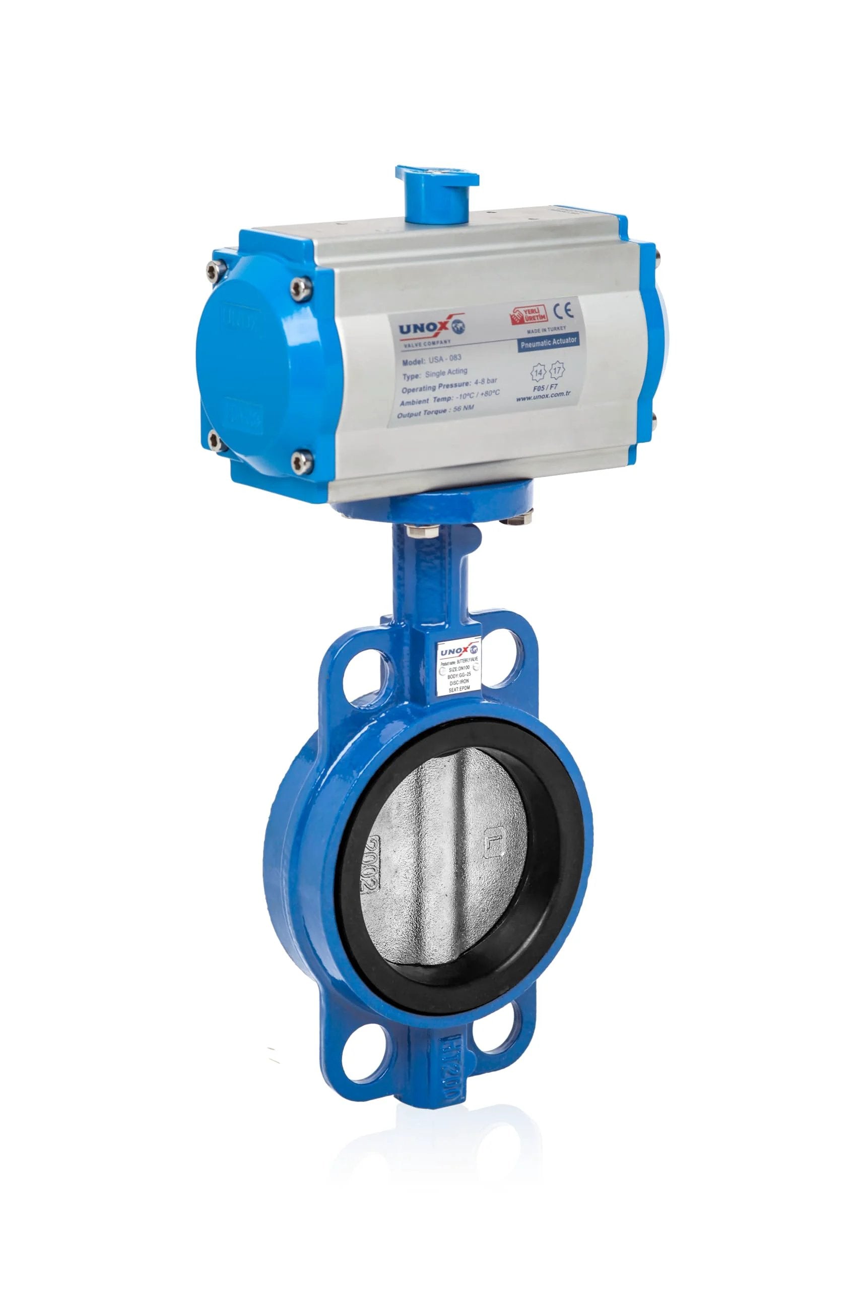 Pneumatic Actuated Butterfly Valve Wafer Type DN125 5 Inch Double Acting 230 PSI 16 Bar Heavy Duty Stainless Steel AISI 304 Disc
