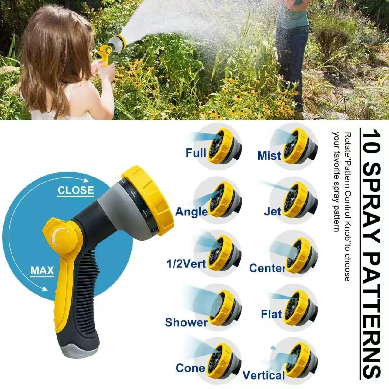 Non Expanding Garden Hose With Jet Nozzle Ultra Lightweight Fabric Hybrid Kink Resistant Durable 100 Ft Yellow Hose With Heavy Duty Brass Connectors For Home Marine And RV Use By HIGH QUA showing woman watering plants and jet nozzle spray patterns