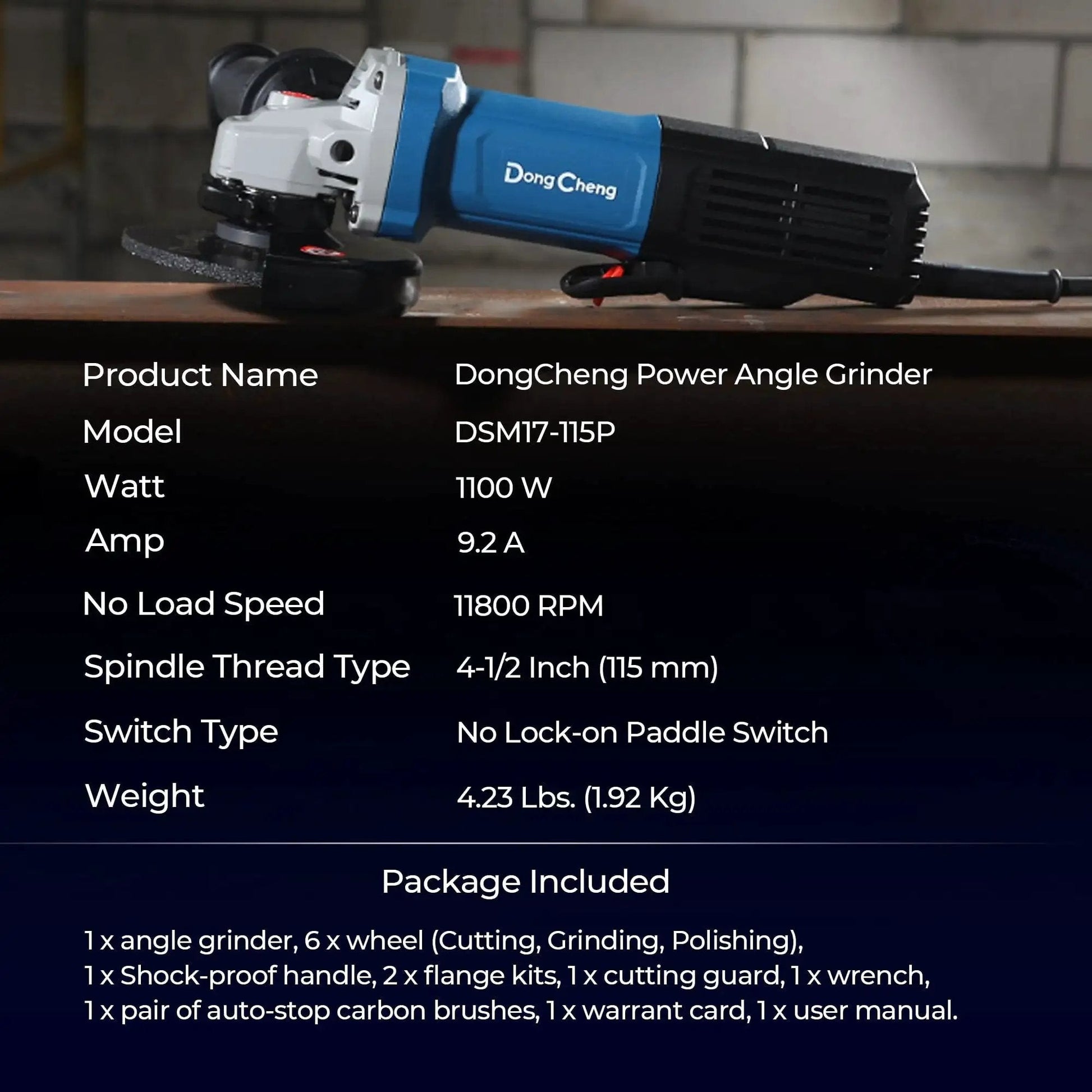 Side view of Beast Power 9.2 Amp Corded Angle Grinder 4 and a Half Inch 11800 RPM with tool-free guard paddle switch for cutting.