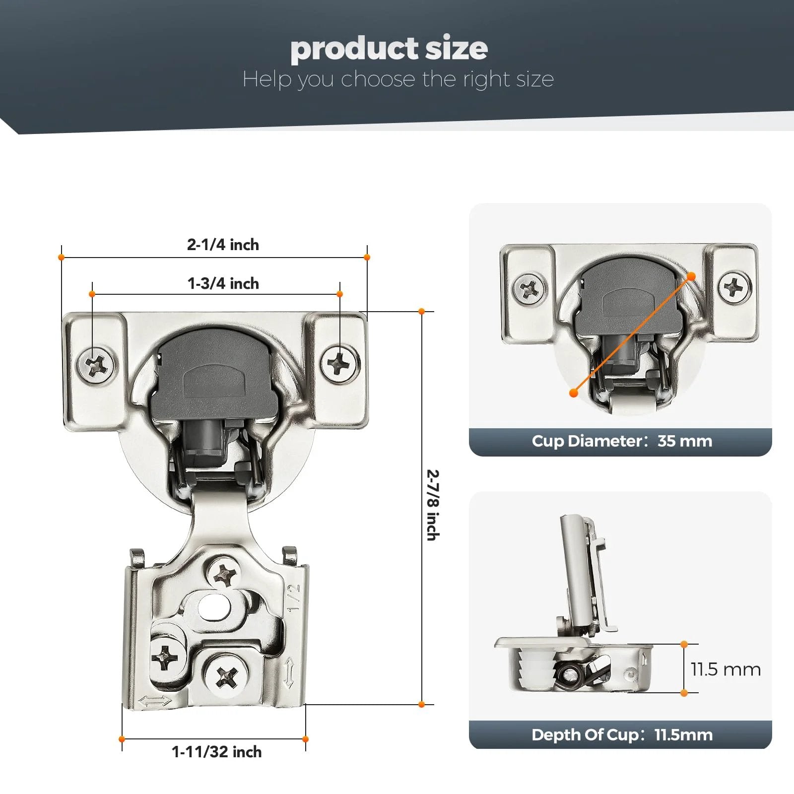 10 Pack Half Inch Overlay Soft Close Cabinet Hinges Satin Nickel Stainless Steel Concealed Hinges With 3D Self Closing for Face Frame Doors and Kitchens, 105 Degree Opening. Image shows product measurements and hinge dimensions.