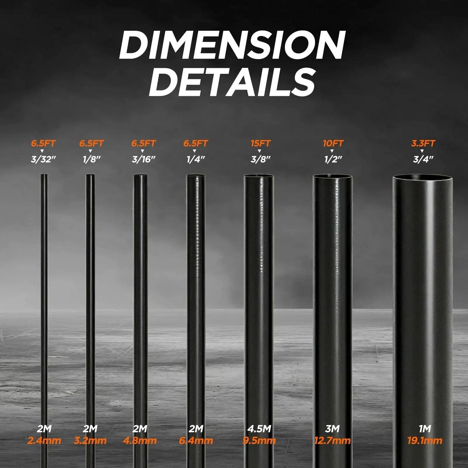 7 Size Heat Shrink Tubing Kit 4 To 1 Shrink Ratio Marine Grade Waterproof 54 Ft showing tubing dimensions and lengths