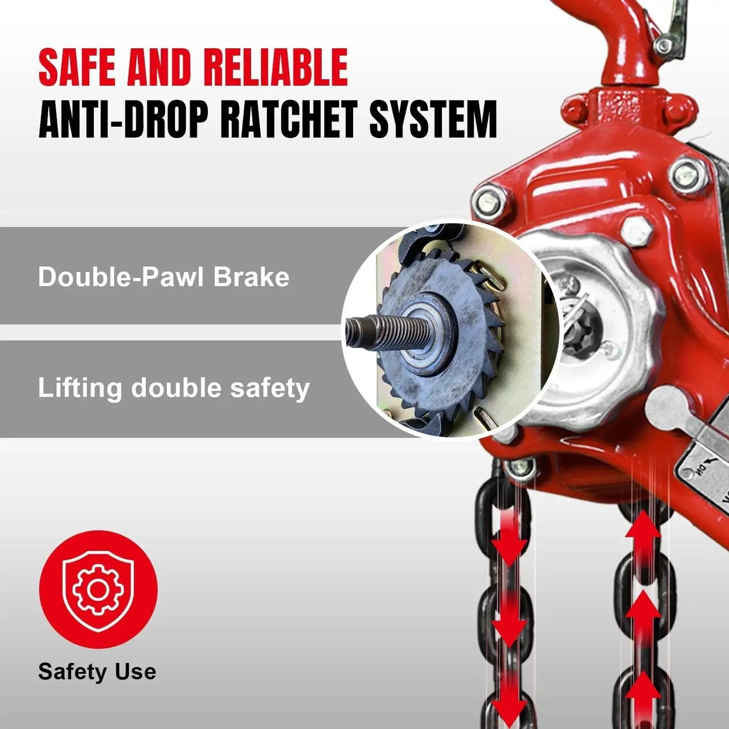 Close-up of Manual Lever Chain Hoist 3 Ton Capacity G80 Grade Steel And Double Pawl Brake, highlighting anti-drop system and brake.