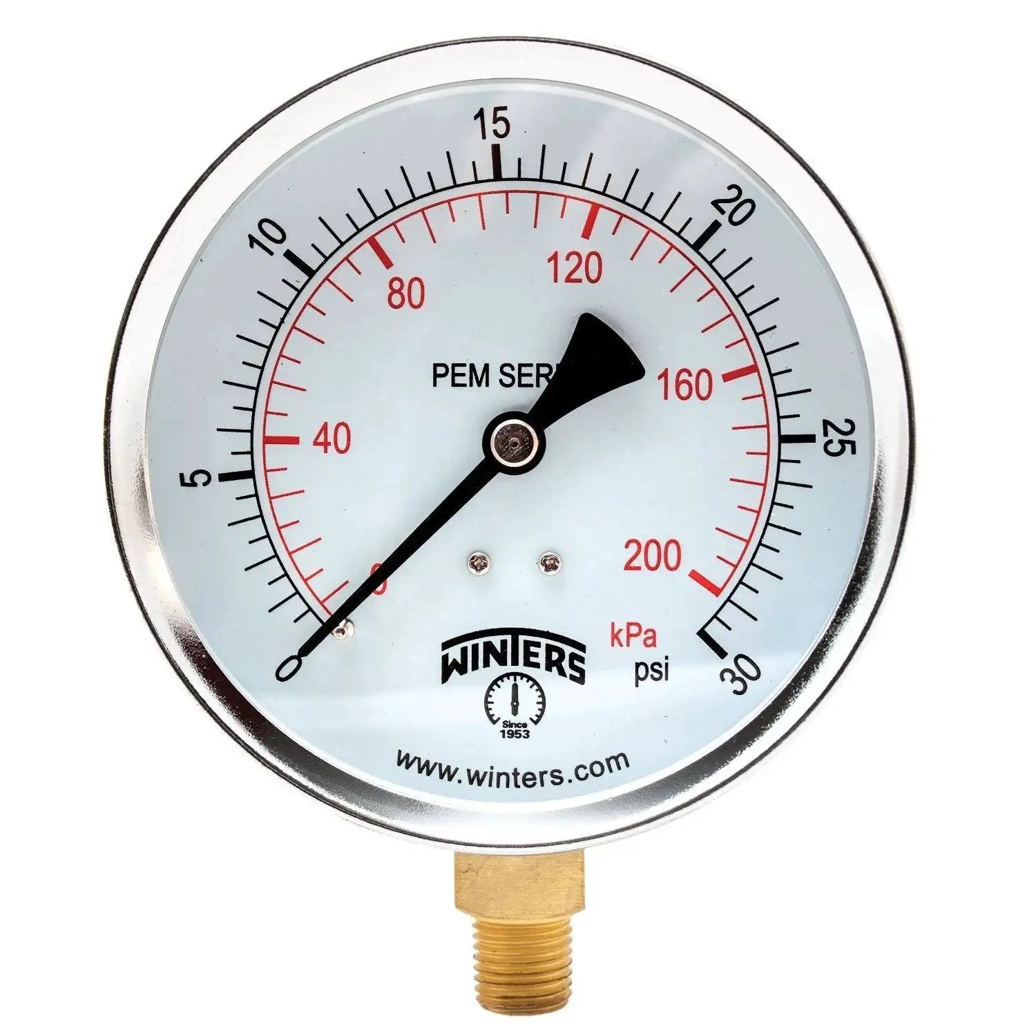 Budget Friendly Four Inch Dial Dry Pressure Gauge With Brass Wetted Parts And Steel Case Dual Scale Zero To Thirty Psi And Zero To Two Hundred KPa