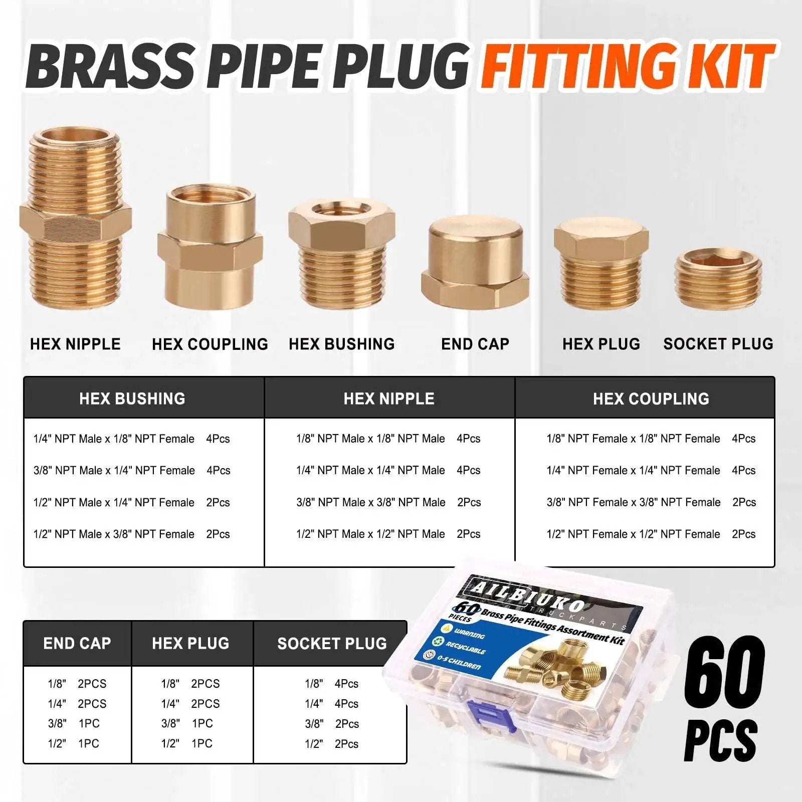 60 Pieces Brass Pipe Fittings Assortment Kit With NPT Male Hex Nipples NPT Hex Bushings Reducing Hex Couplings Hex Head Plugs End Caps Socket Plugs And Teflon Tape For DIY Home Plumbing Projects Value Pack Pro Grade in packaging