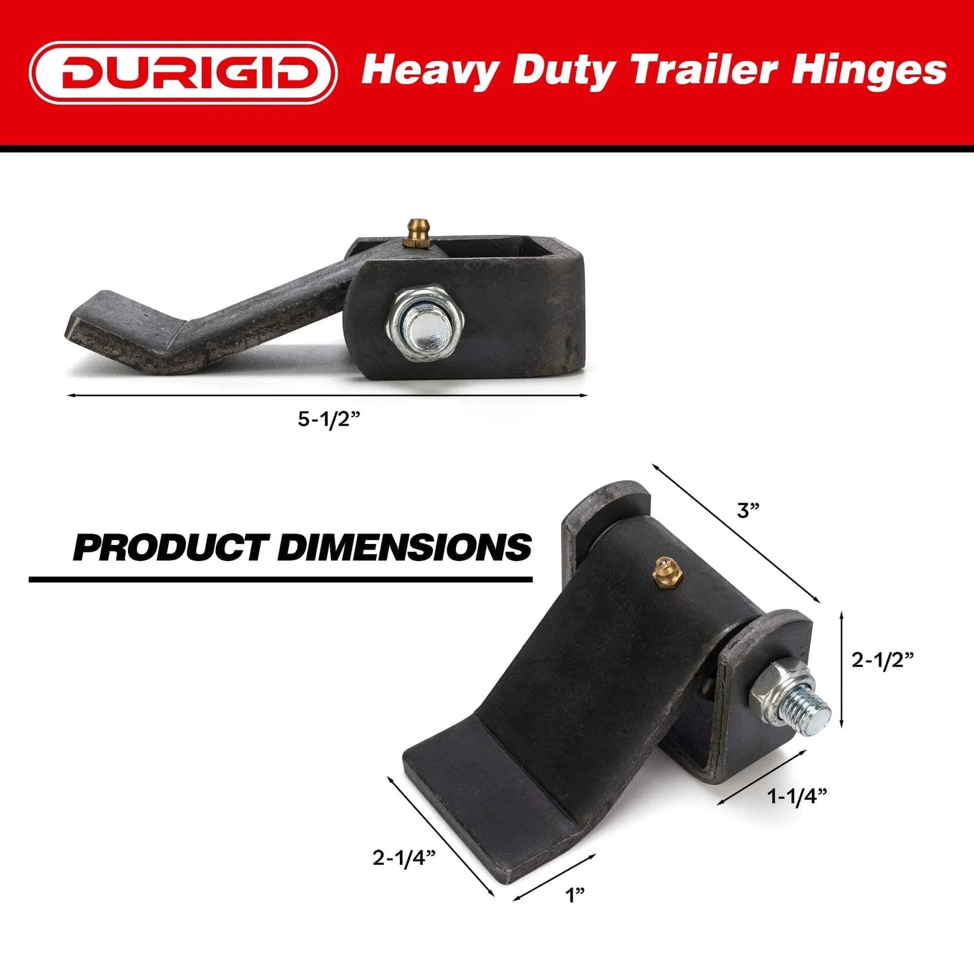 Heavy Duty Weld On Dump Trailer Hinge Set With Zerk Grease Fitting, Strap Door Hinges dimensions, side and front view, raw finish