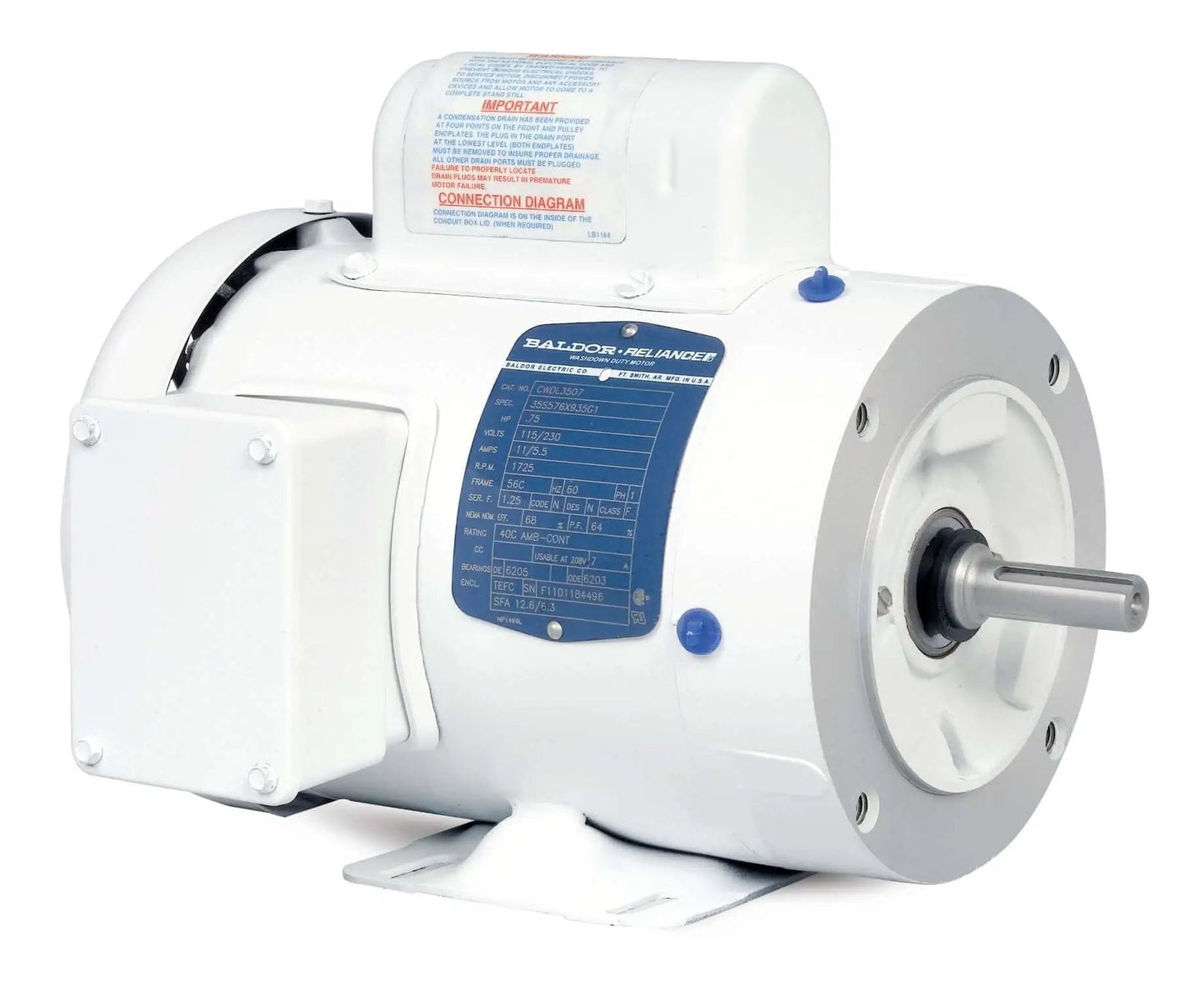 Washdown Duty Single-Phase TEFC Motor, Totally Enclosed Fan-Cooled, 1 HP 3450 RPM, front view showing stainless shaft and labels