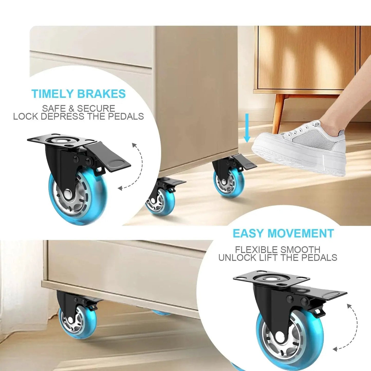 2 Inch Plate Caster Wheels Set Of 4 Heavy Duty With Brakes Up To 800 Lbs No Noise Polyurethane Castors in use on furniture