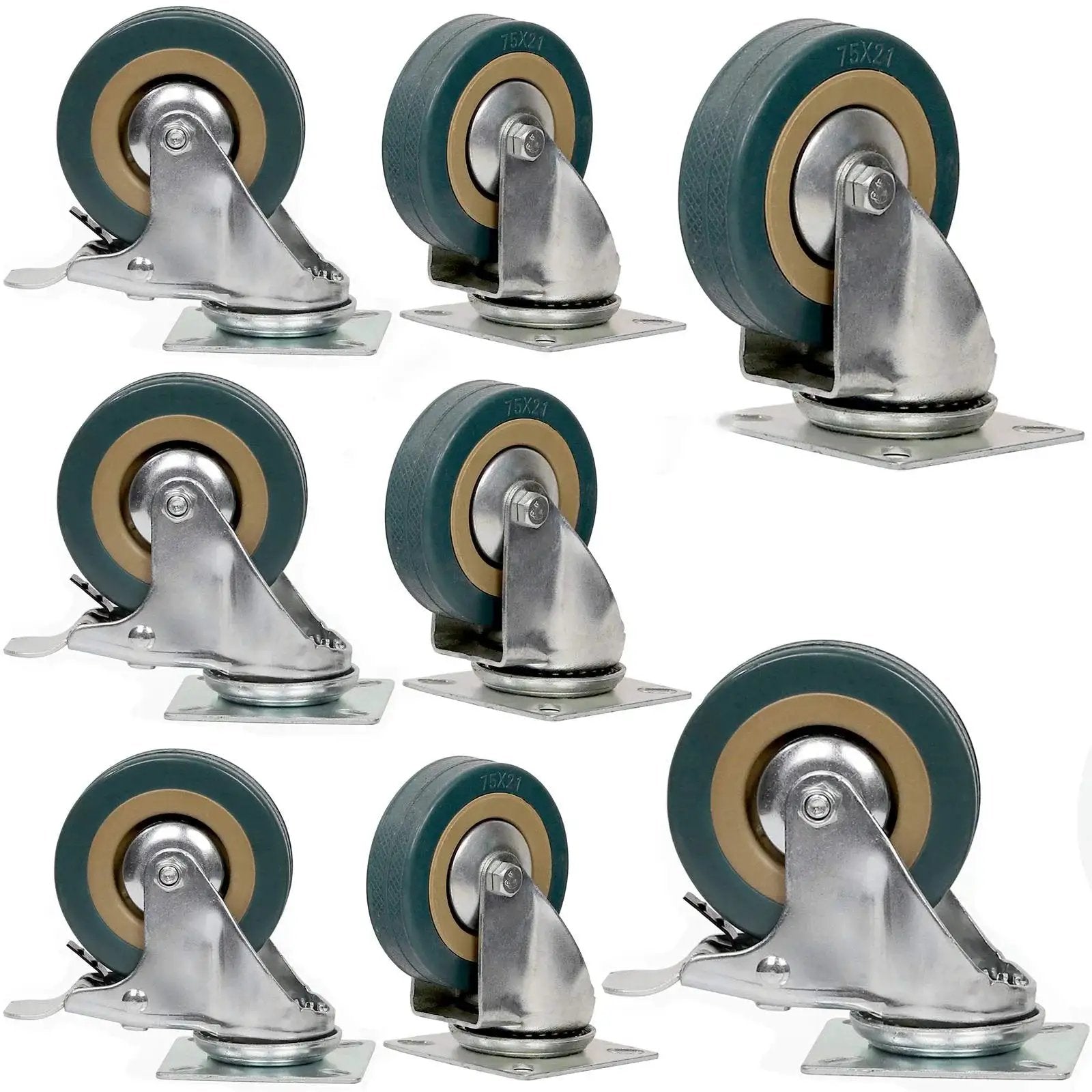 8 Pack 3 Inch Swivel Caster Wheels Set With 4 Brakes And 4 Without Brakes PVC Gray Heavy Duty 360 Degree Swivel Casters