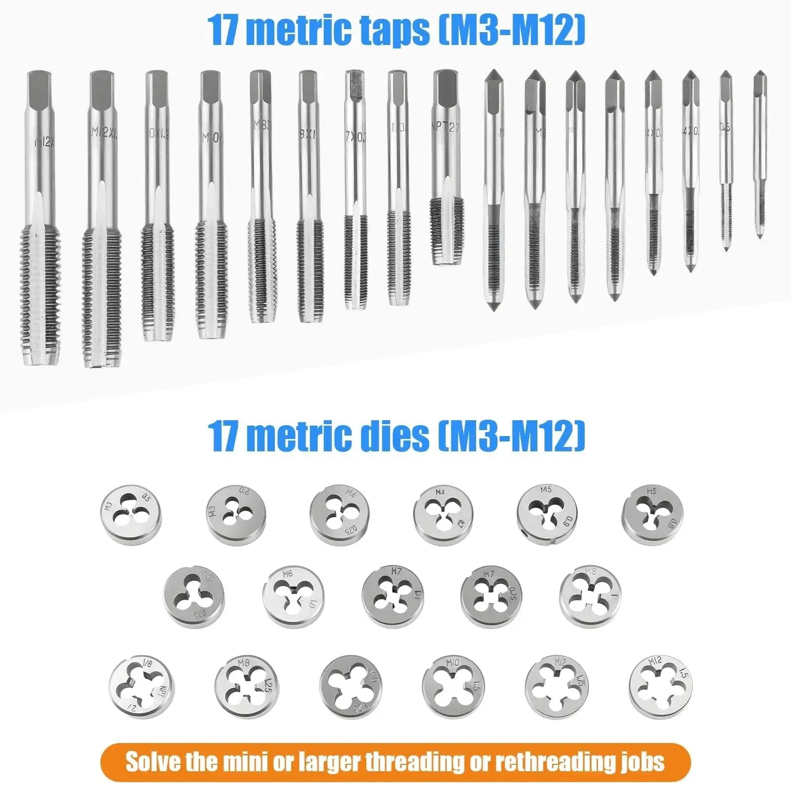 Image of a Premium 40 Piece Metric Tap And Die Set For M3 To M12 Taps And Dies With Full Threading Kit and accessories.