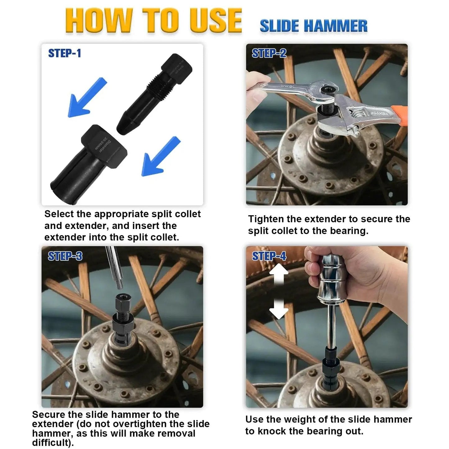 Instructional guide for using the 12-Piece Blind Hole Bearing Puller Kit With Extendable Collets From 8mm To 32mm and slide hammer.