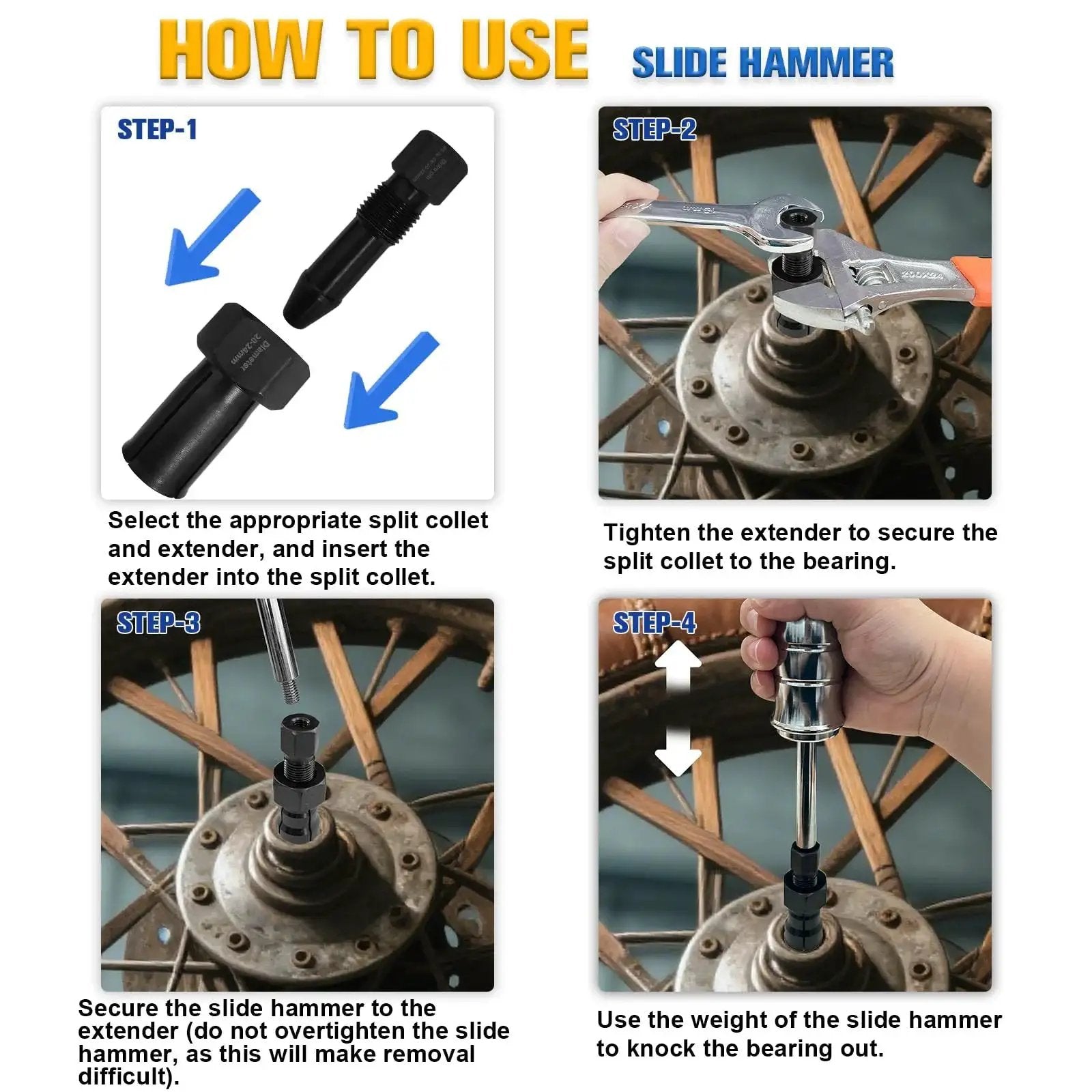 Instructional guide for using the 12-Piece Blind Hole Bearing Puller Kit With Extendable Collets From 8mm To 32mm and slide hammer.