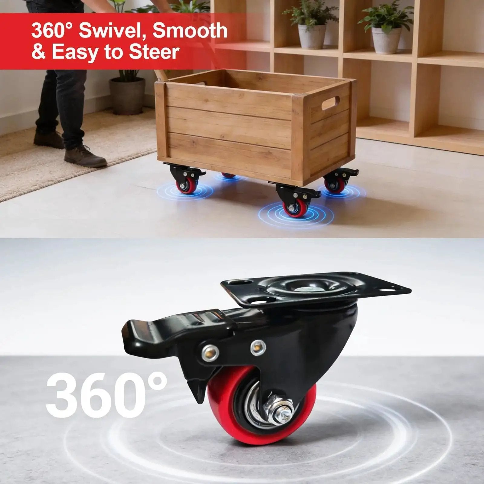 2-Inch Heavy Duty Polyurethane Caster Wheels Set Of 4 With Brakes, Locking Swivel Plate Casters for Carts and Furniture, 360 Swivel