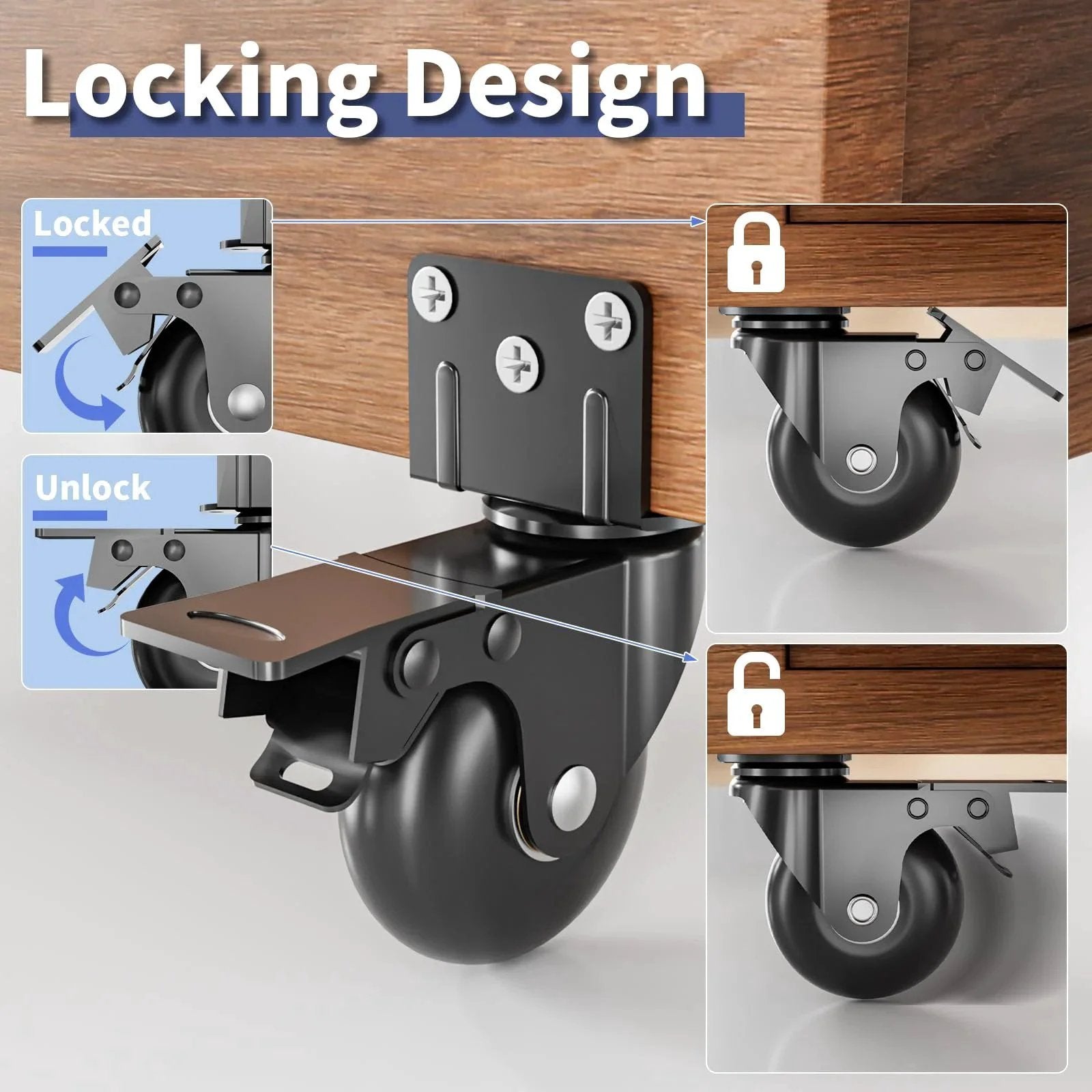 Side Mount Plate Caster Wheels Set Of 4 With Brakes, Heavy Duty 800 Lbs Capacity, 360 Degree Swivel, Locking mechanism detail