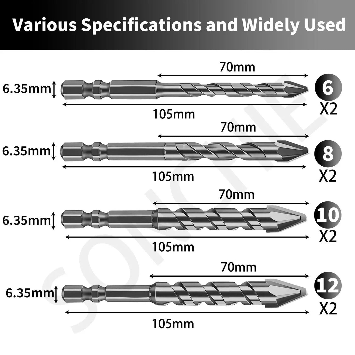 Various sizes of High-Strength Eccentric Twist Drill Bit Set, 8 Pack for Concrete Glass Tile Brick Stone Wood Plastic by SONCHIE