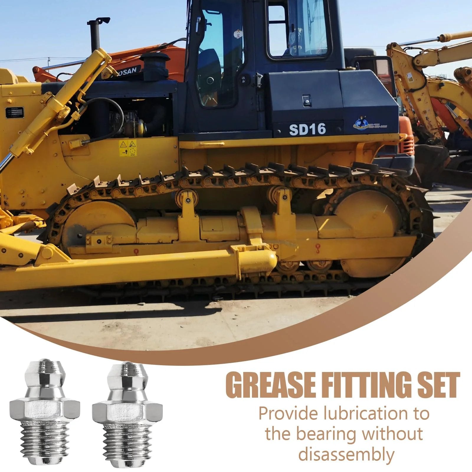 25 Piece Heavy Duty Grease Fittings Assortment Kit For Excavators 8mm By 1mm M8 Male Thread with Digger in Background