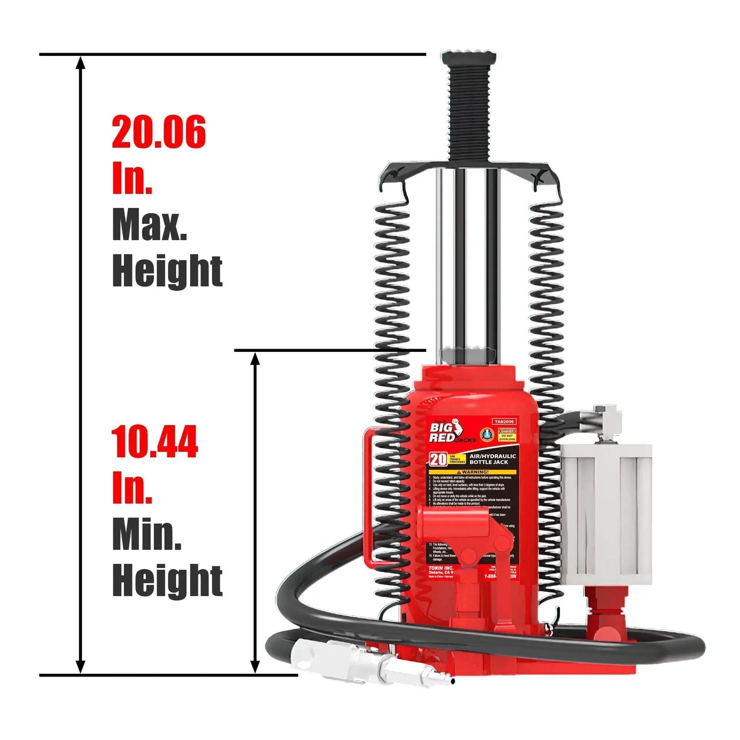 Front view of 20 Ton Pneumatic Bottle Jack Aluminum Alloy Quick Lift With Long Lifespan showing height measurements.