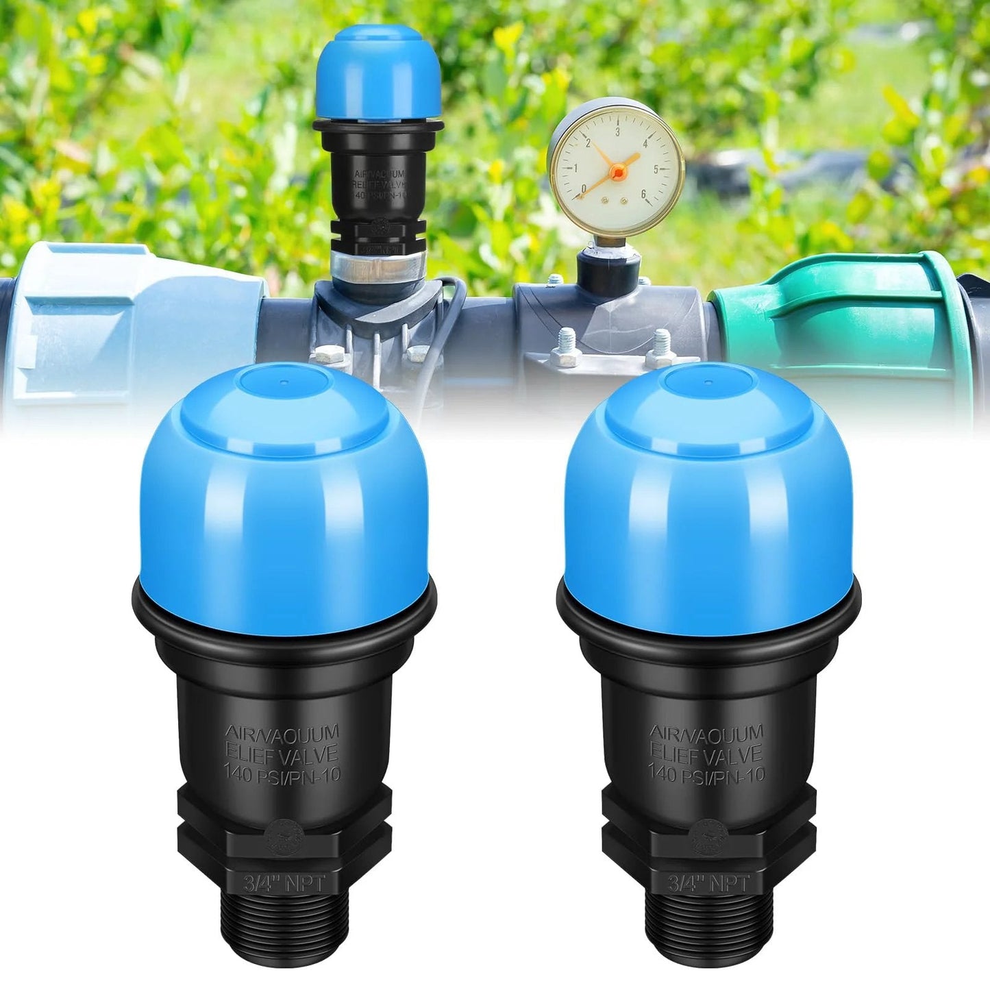 2 Pack Three Quarter Inch Air Release Valve For Drip Irrigation Systems, blue valves installed in agricultural setup