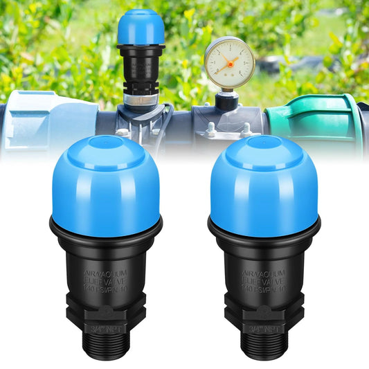 2 Pack Three Quarter Inch Air Release Valve For Drip Irrigation Systems, blue valves installed in agricultural setup