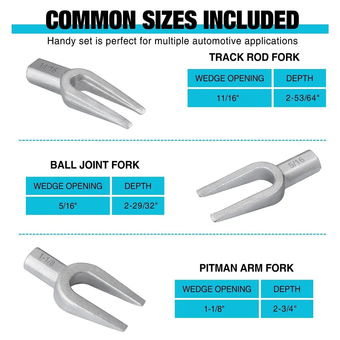 Image of the 5-Piece Ball Joint Separator Set With Pickle Forks For Cars And Light Trucks, showing three different sized metal forks.