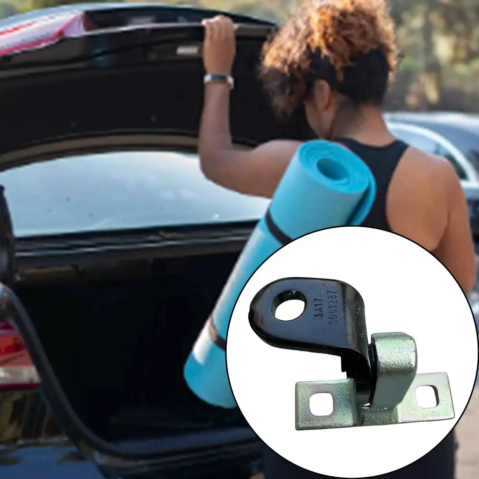 Left Rear Upper Door Hinge For Automotive Applications 1497494 00 B next to woman loading trunk of a car