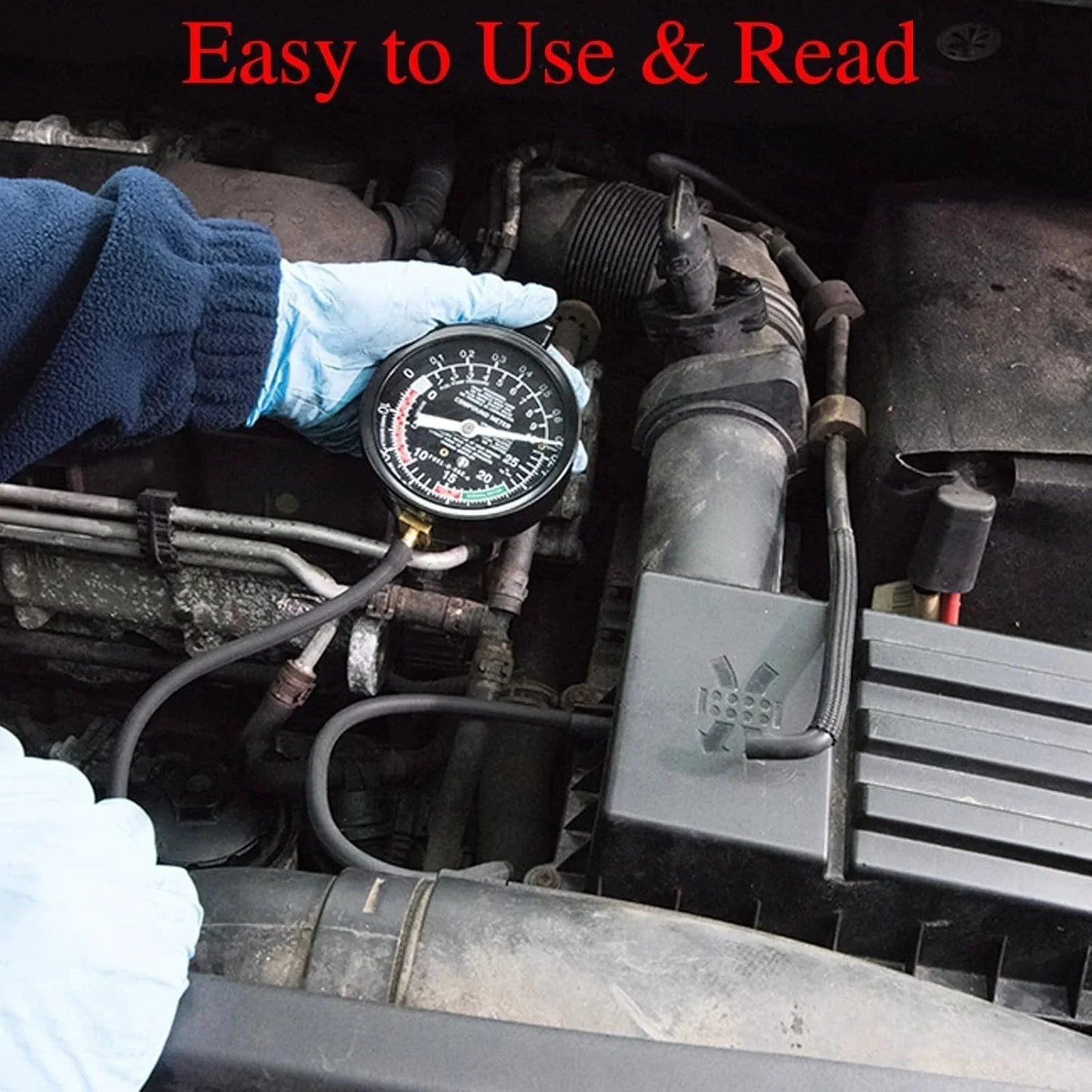 Person using Vacuum Gauge Automotive Tester Kit For Fuel Pressure Diagnostics And Carburetor Testing DIY Friendly Fuel Pump Pressure Checker For Vacuum Leaks And Engine Performance VECKYJL on car engine