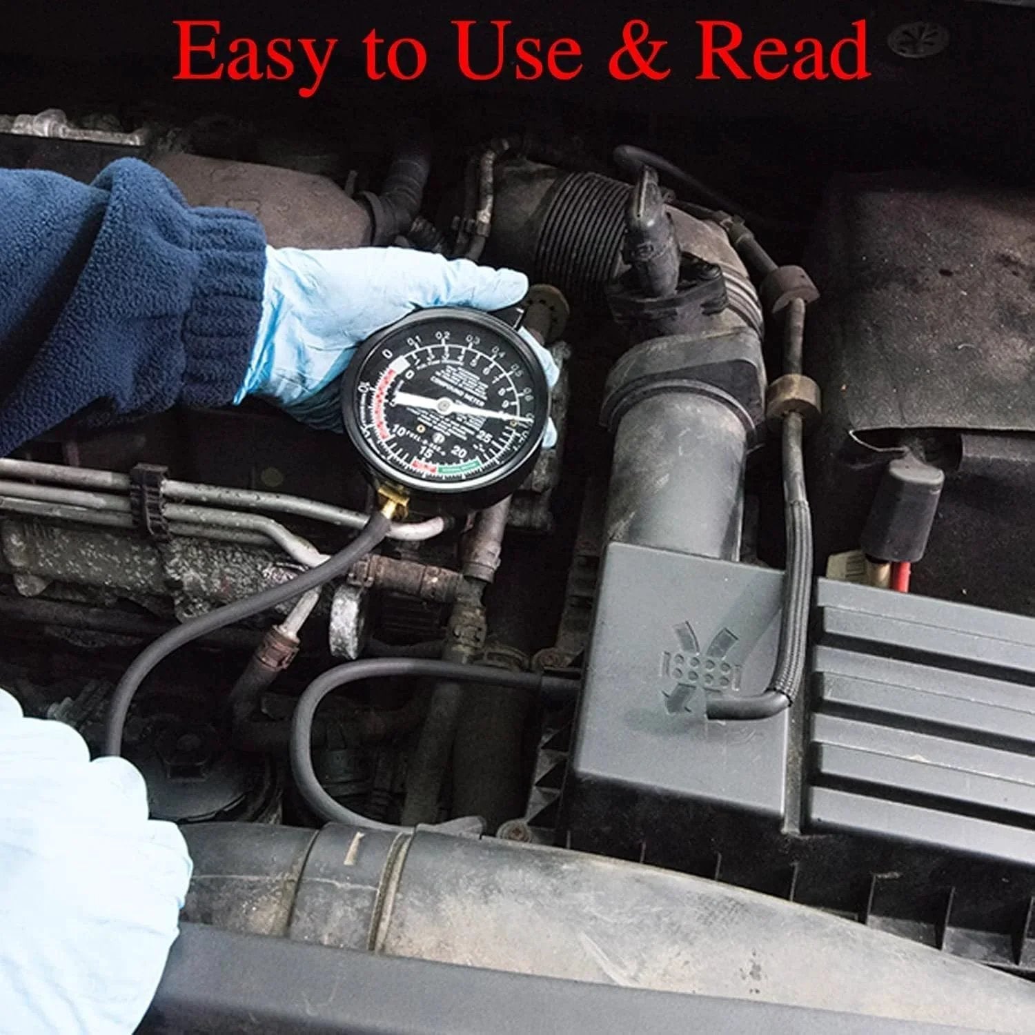 Person using Vacuum Gauge Automotive Tester Kit For Fuel Pressure Diagnostics And Carburetor Testing DIY Friendly Fuel Pump Pressure Checker For Vacuum Leaks And Engine Performance VECKYJL on car engine