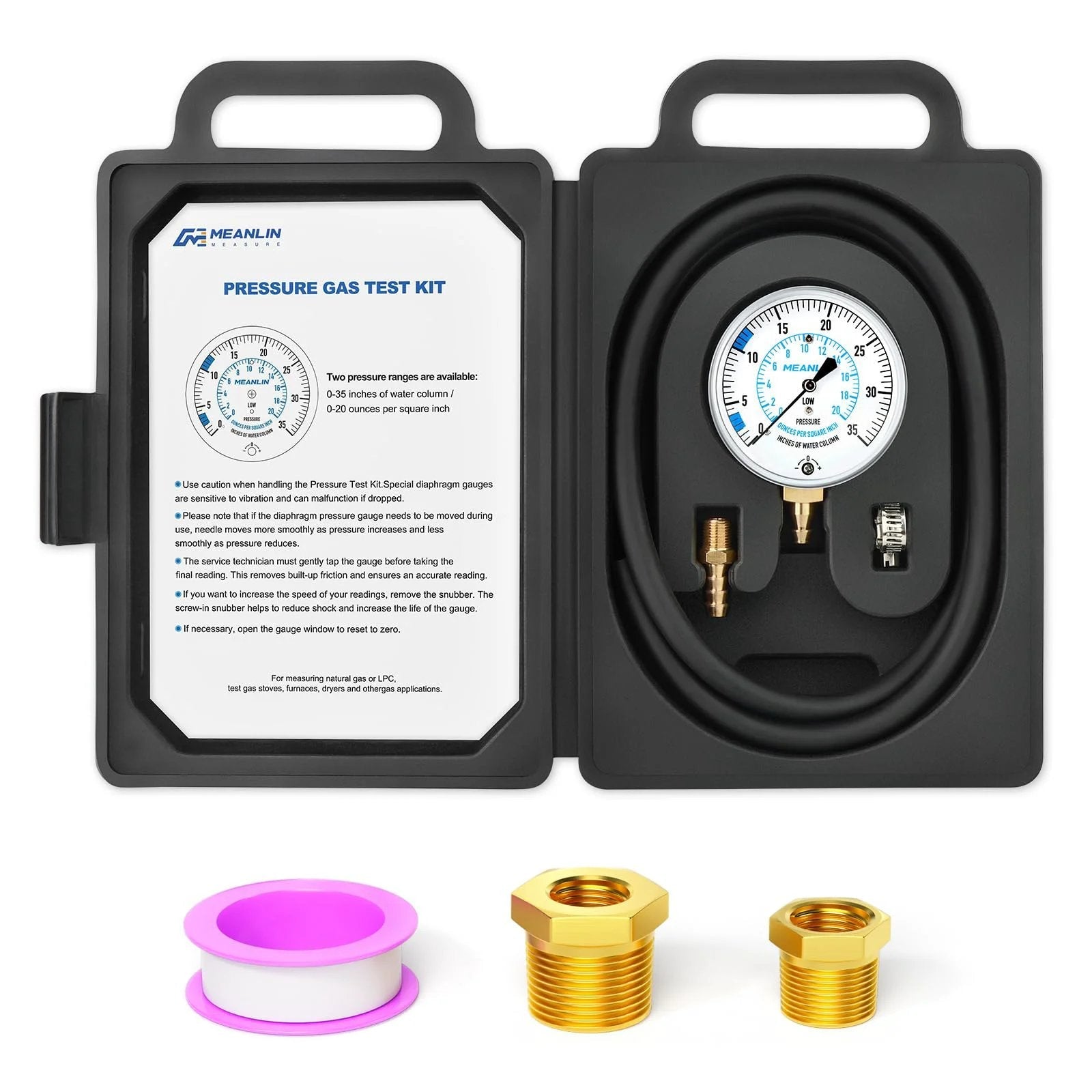 Gas Pressure Test Kit For Natural Gas And LP Gas With 40 Inch Hose Zero To Thirty Five In WC Range One Eighth Inch NPT Fitting with case