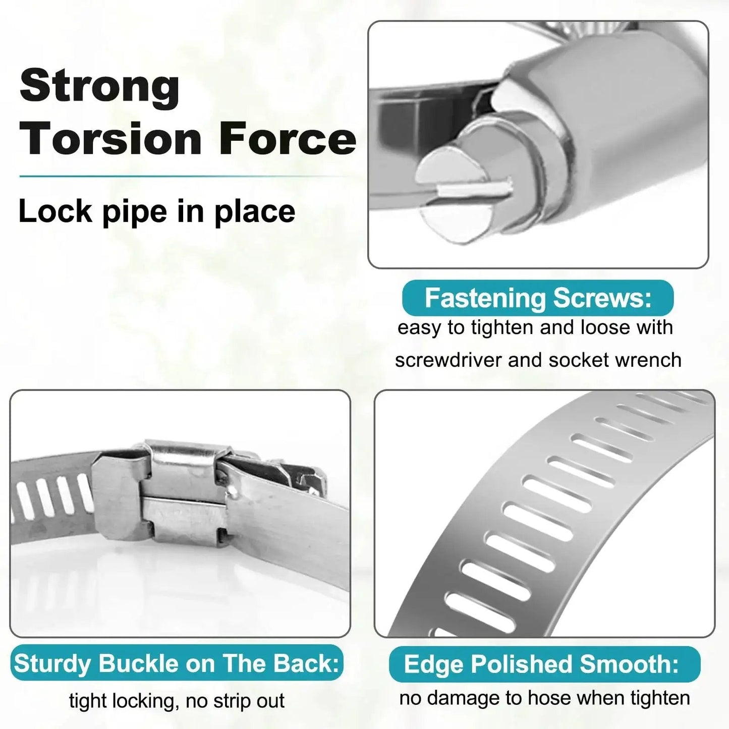 Diagram showing features of Twenty Pack Stainless Steel Hose Clamps One And A Quarter Inch To Two And A Quarter Inch Adjustable Worm Gear Kit.