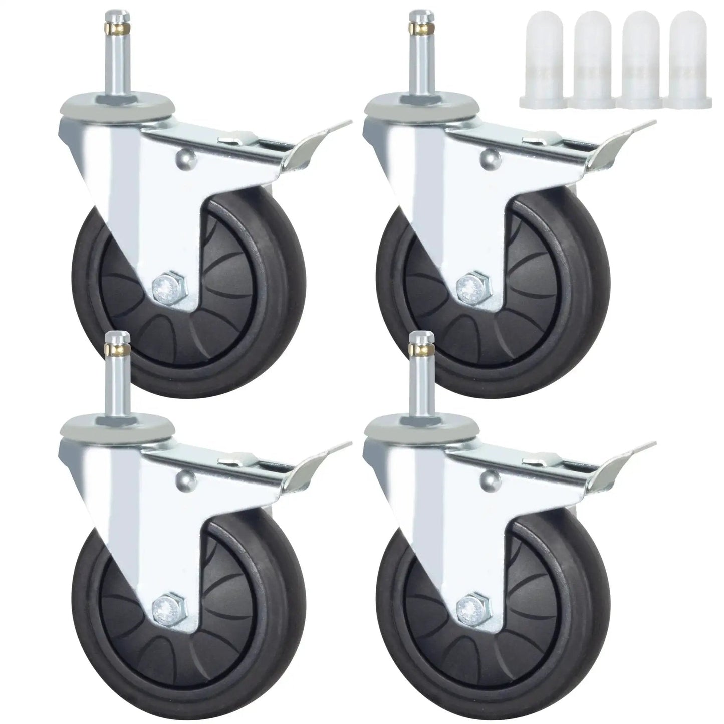 Stem Caster Wheels With Brakes, Swivel TPR Casters Set Of Four, Seven Sixteenths By One And Three Eighths Inch Stem, Heavy Duty Load Capacity Up To Eight Hundred Pounds, Replacement Wheels For Carts Dollies Work Benches And Industrial Equipment