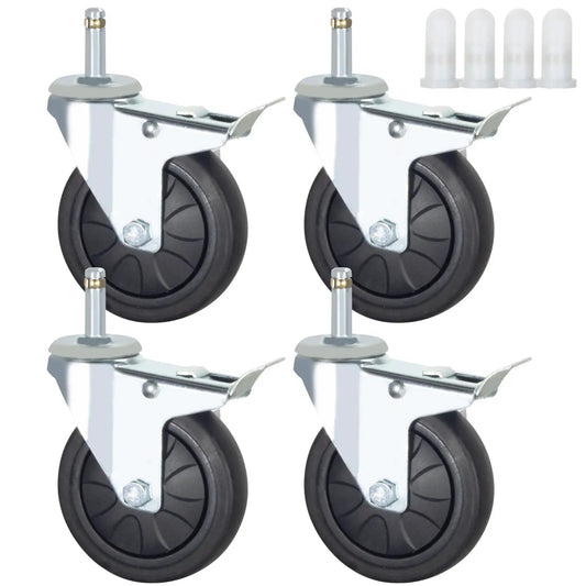 Stem Caster Wheels With Brakes, Swivel TPR Casters Set Of Four, Seven Sixteenths By One And Three Eighths Inch Stem, Heavy Duty Load Capacity Up To Eight Hundred Pounds, Replacement Wheels For Carts Dollies Work Benches And Industrial Equipment
