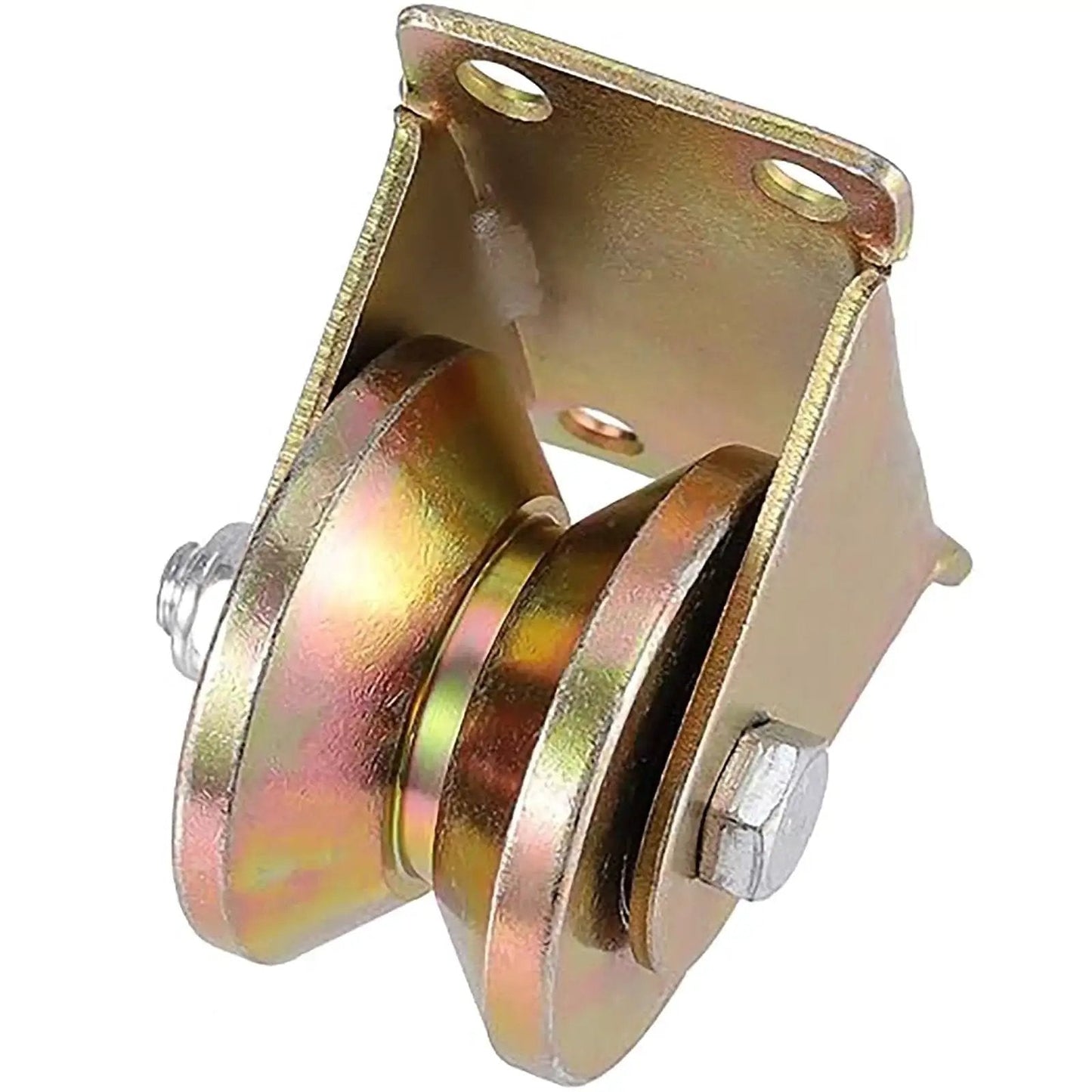 Front view of Built Tough 2 Inch V Groove Wheel Set 8 Pcs Heavy Duty Steel Caster Wheels with V-shaped bracket and roller bearing pulley.
