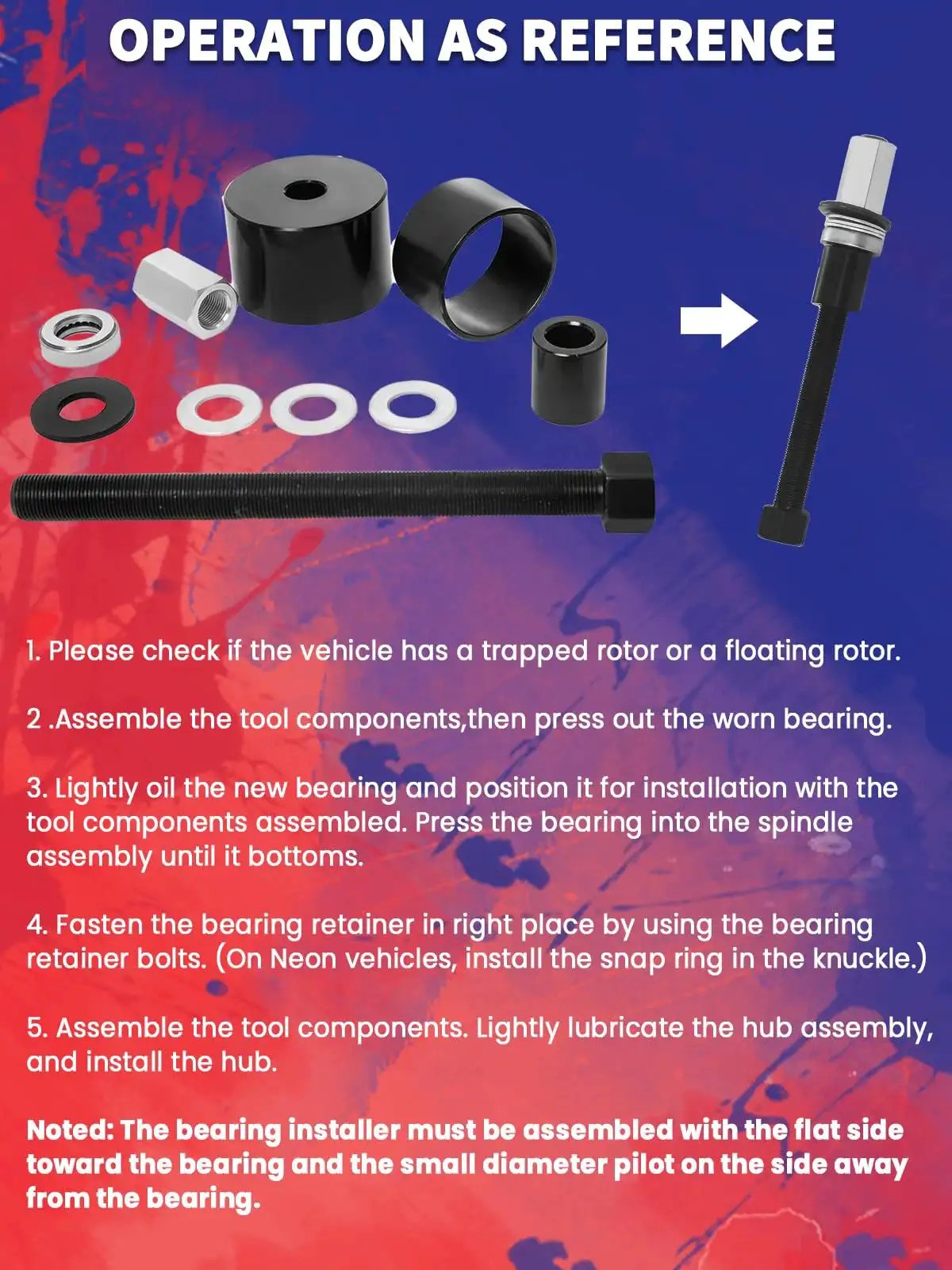 Front Wheel Drive Wheel Bearing Removal And Installation Kit components with instructions overlay.