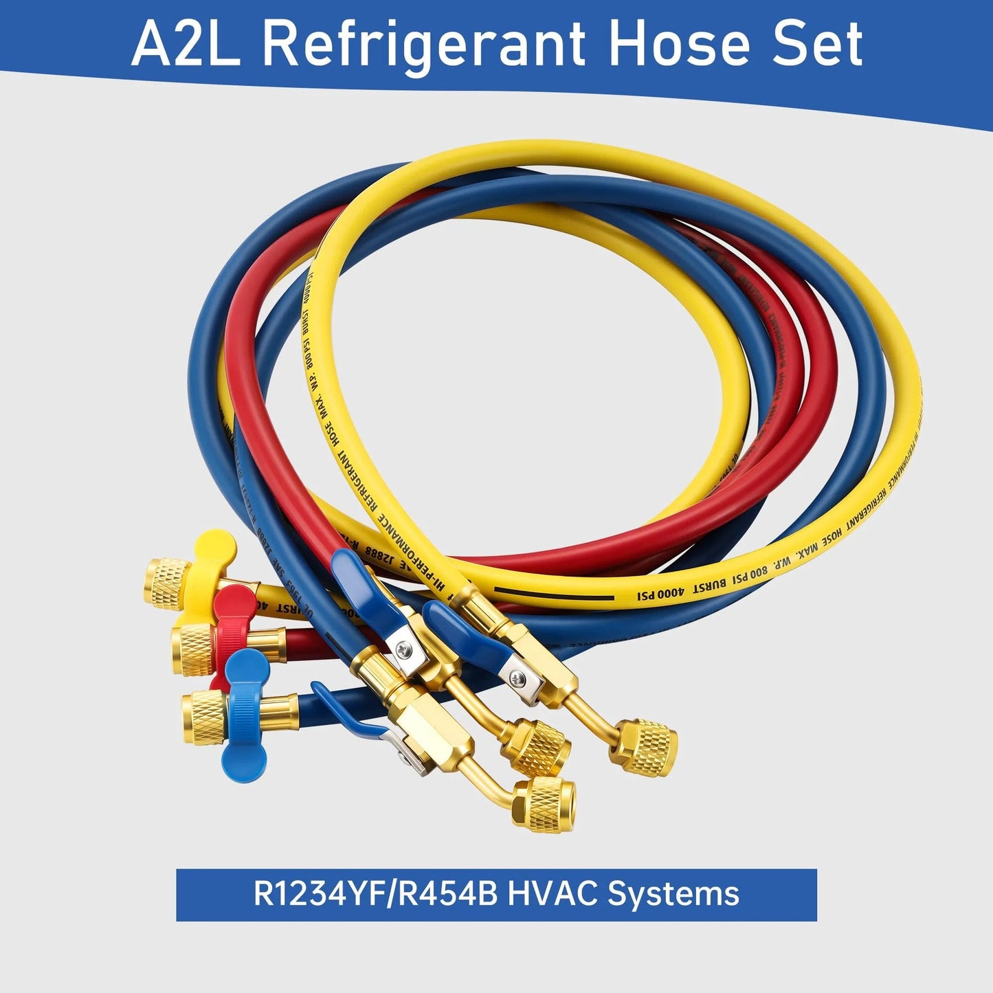 Color Coded A2L Refrigerant Hose Set With Ball Valve Sixty Inch Length One Quarter Inch Left Handed R454B Adapter For R1234YF And R454B
