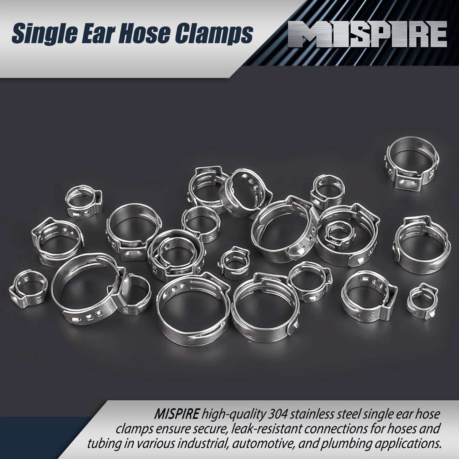 Heavy Duty 10.3-11.8mm Single Ear Crimp Hose Clamps Set, 100-Pack, 304 Stainless Steel Stepless Hose Clamp for Automotive by MISPIRE