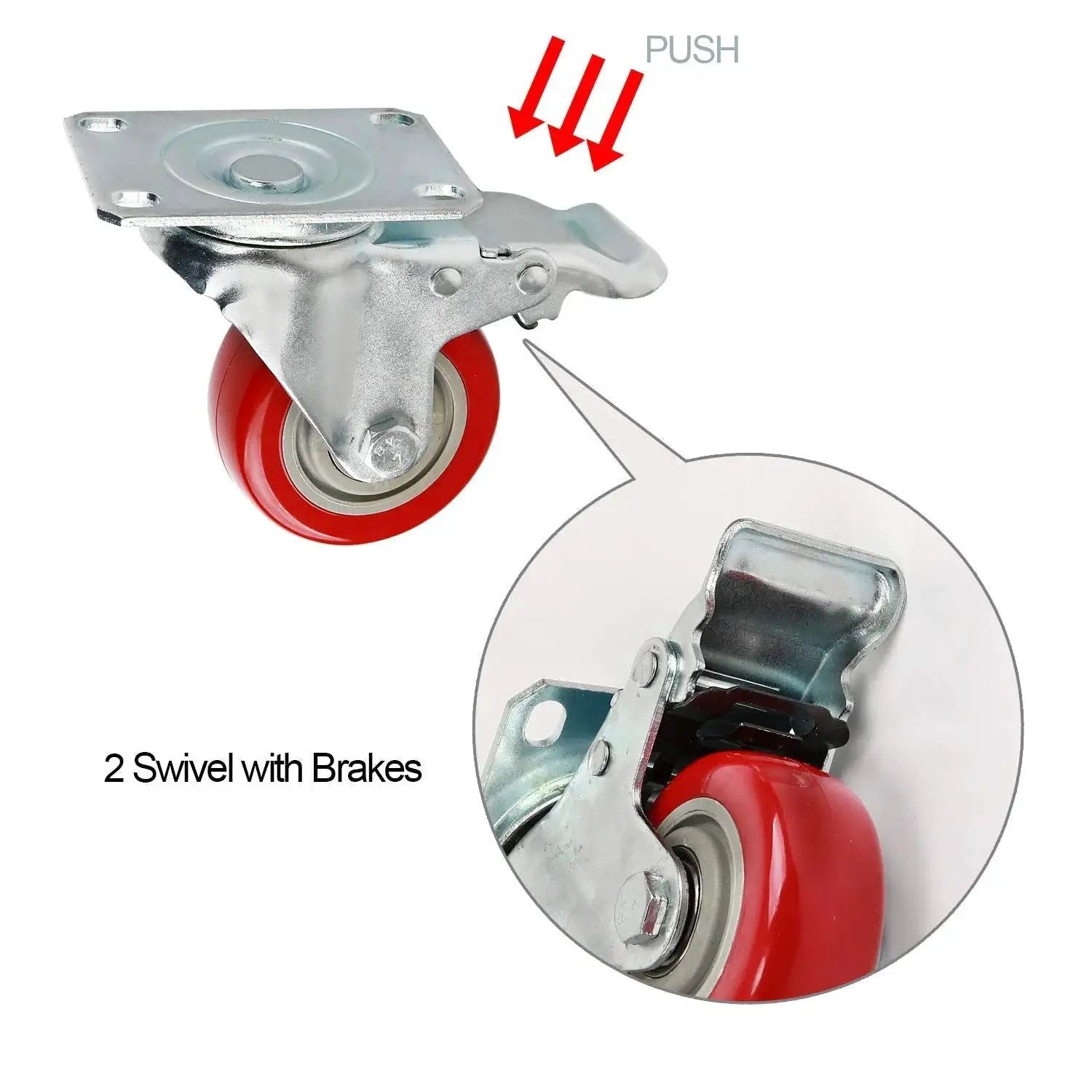 Heavy Duty Three Inch Fixed Caster Wheels Four Pack with Polyurethane Casters and Forged Metal Chassis, swivel with brakes detail