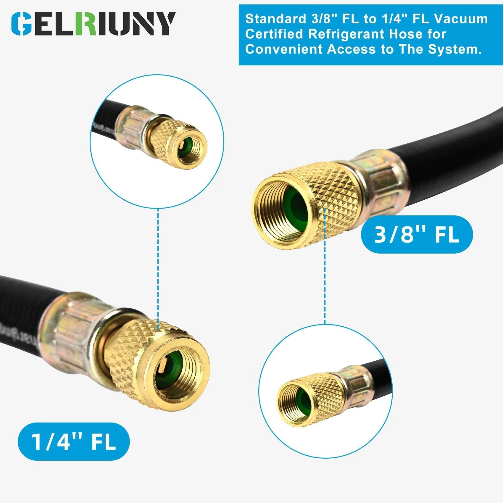 Upgraded Heavy Duty Vacuum Charging Hose Three Eighths To One Quarter Inch Fittings Five Feet Long 800 PSI Working Pressure 4000 PSI Burst Pressure Compatible With Most Refrigeration And Air Conditioning Equipment showing brass fittings detail