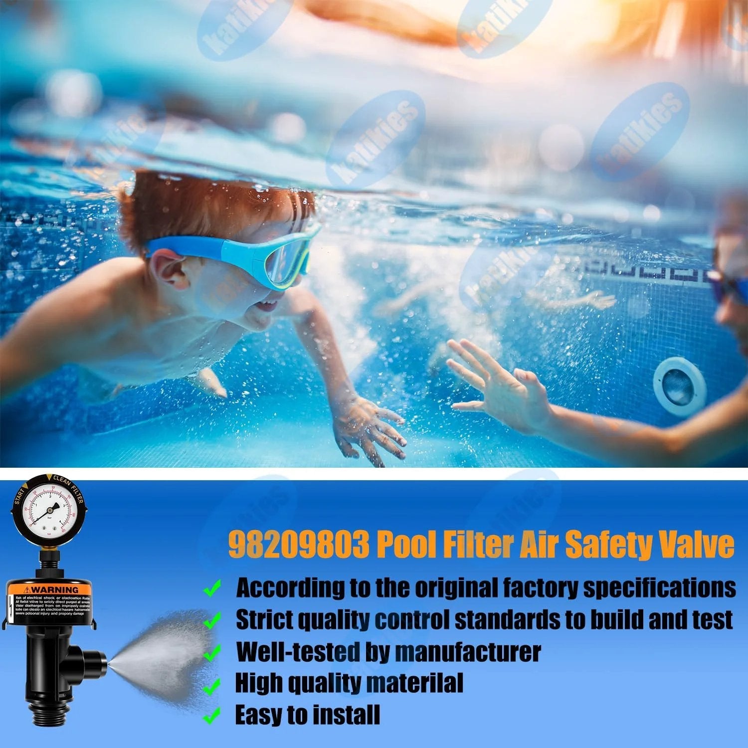 Universal Manual Air Relief Valve For Pool And Spa Filters With Pressure Gauge Replacement Easy No Tool Install Compatible With Hayward Pentair And More ARF 2 shown with children playing underwater.