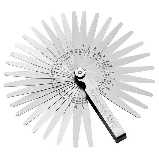 Dual Marked Feeler Gauge Set With 32 Tapered Stainless Steel Blades From 0.001 To 0.04 Inches SAE And Metric Readouts For Spark Plugs Valves Pistons Guitars And More Gap Width Measurement Tools.