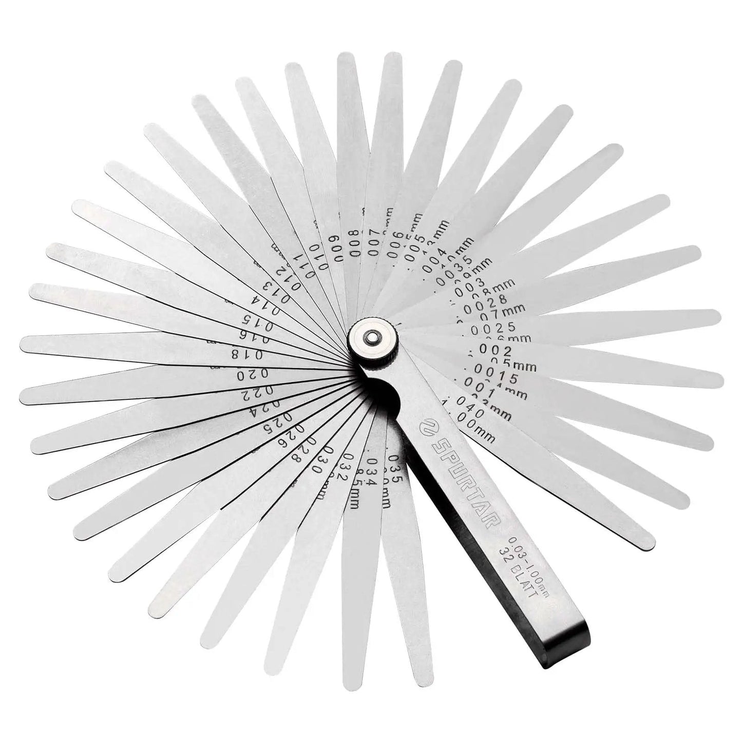 Feeler Gauge Set 0.001-0.04 Inch 32 Blades Stainless Steel Dual Marked SAE And Metric For Gap Thickness Or Width Measuring Spark Plug Valve Piston Guitar Maintenance fanned out showcasing measurement sizes.