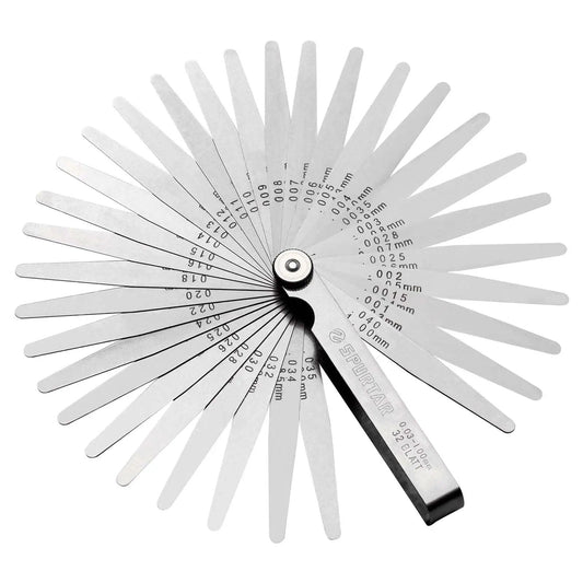Feeler Gauge Set 0.001-0.04 Inch 32 Blades Stainless Steel Dual Marked SAE And Metric For Gap Thickness Or Width Measuring Spark Plug Valve Piston Guitar Maintenance fanned out showcasing measurement sizes.