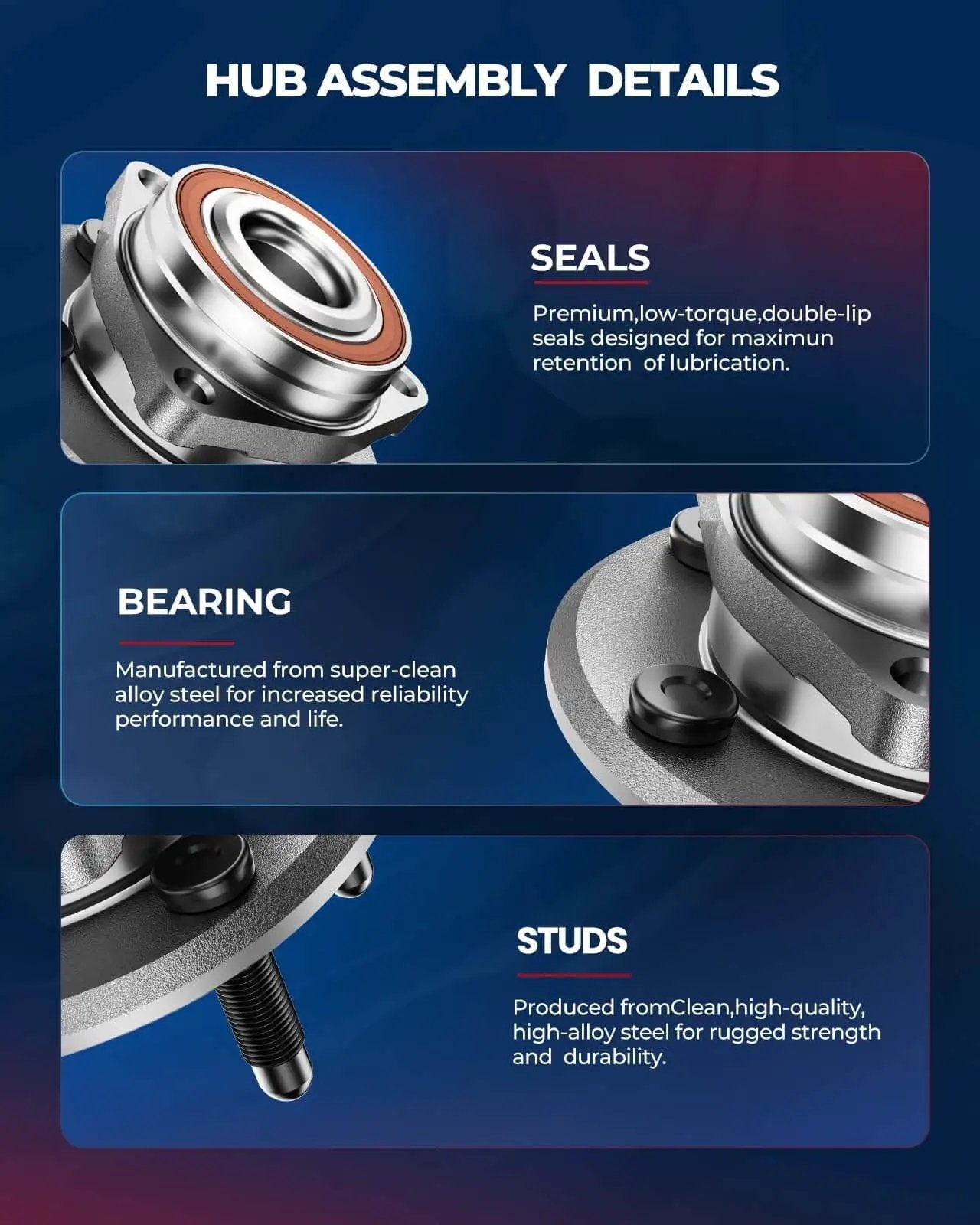 Details of Front Wheel Hub Bearing Assembly Pair (2) Compatible with Buick LeSabre 1991-1999, showing seals, bearing, and studs.